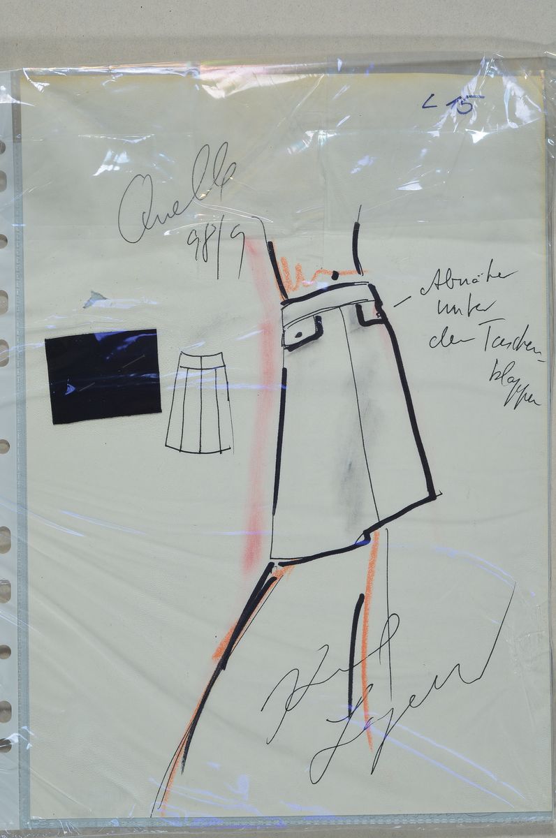 Detail k: Karl Lagerfeld, 1933-2019, Modezeichnung Rock mit Stoffmuster, handsign., kl. Loch bzw leicht beschädigt, ca. 29x21 cm, und 3 Polaroid-Fotos für ...