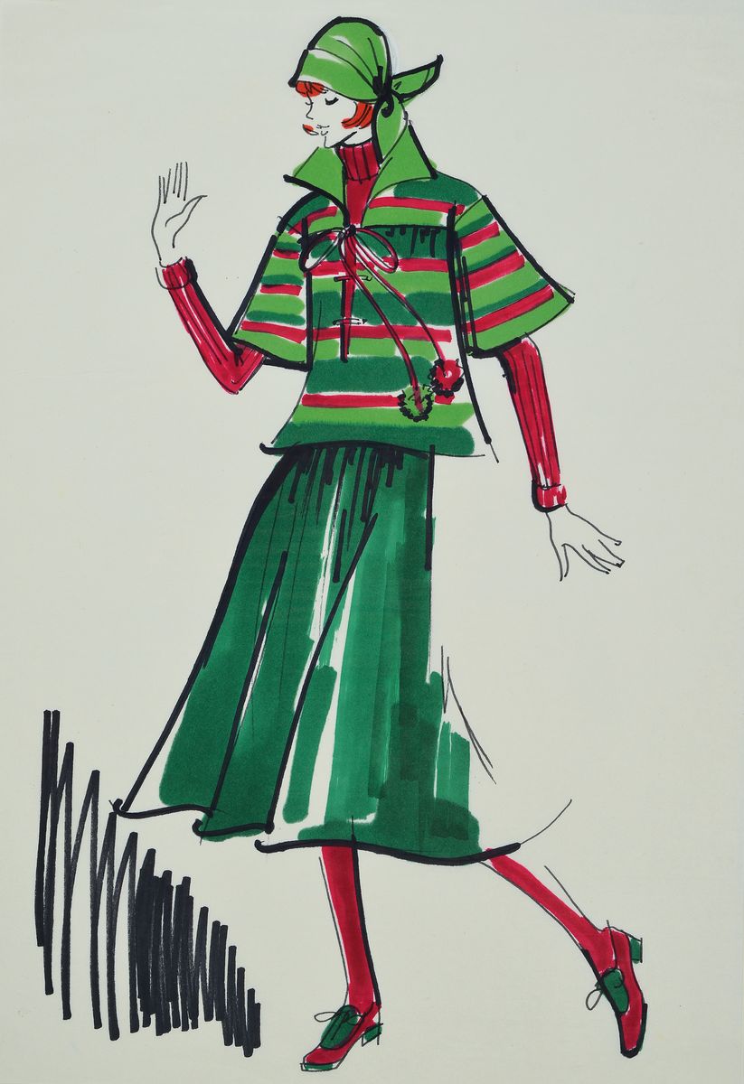 Karl Lagerfeld, 1933-2019, Modezeichnung, Filzstift auf Papier, ca. 29,5x21 cm, Zeichnung auf dickem Papier montiert, Blatt ca. 51x34 cm, Fleck am ...