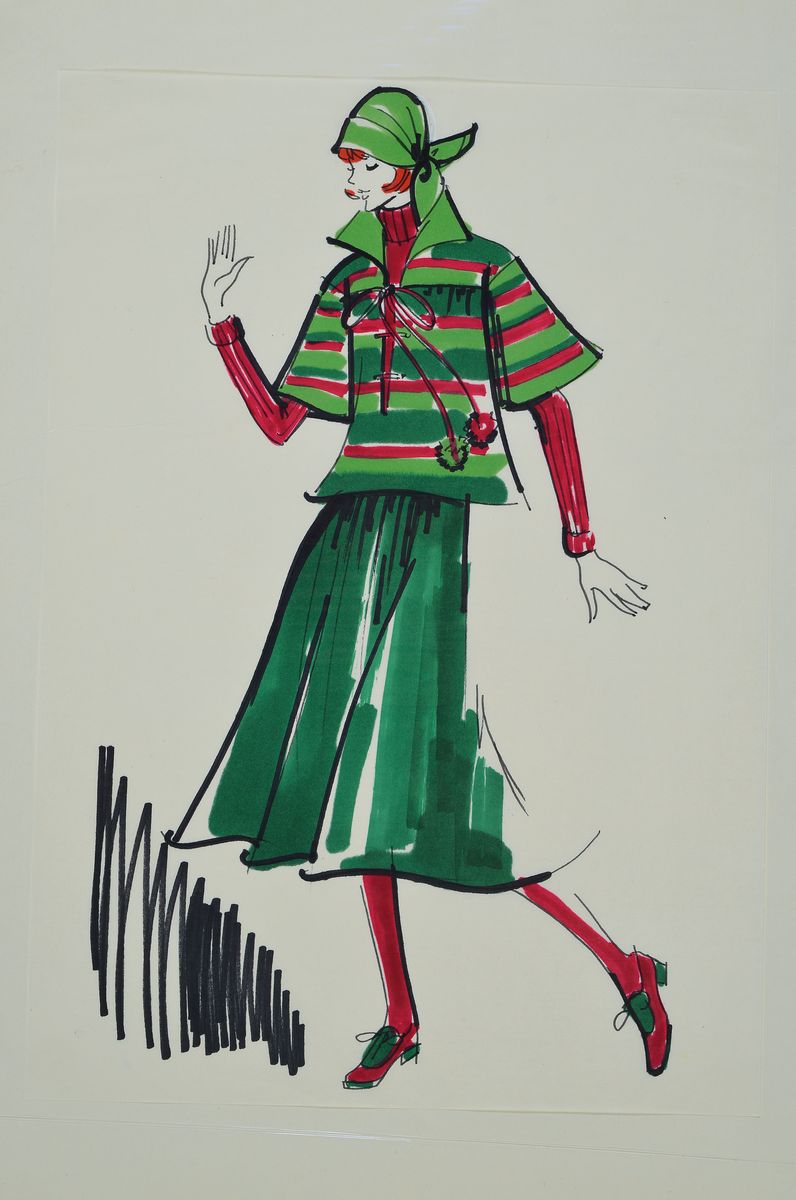 Detail k: Karl Lagerfeld, 1933-2019, Modezeichnung, Filzstift auf Papier, ca. 29,5x21 cm, Zeichnung auf dickem Papier montiert, Blatt ca. 51x34 cm, Fleck am ...