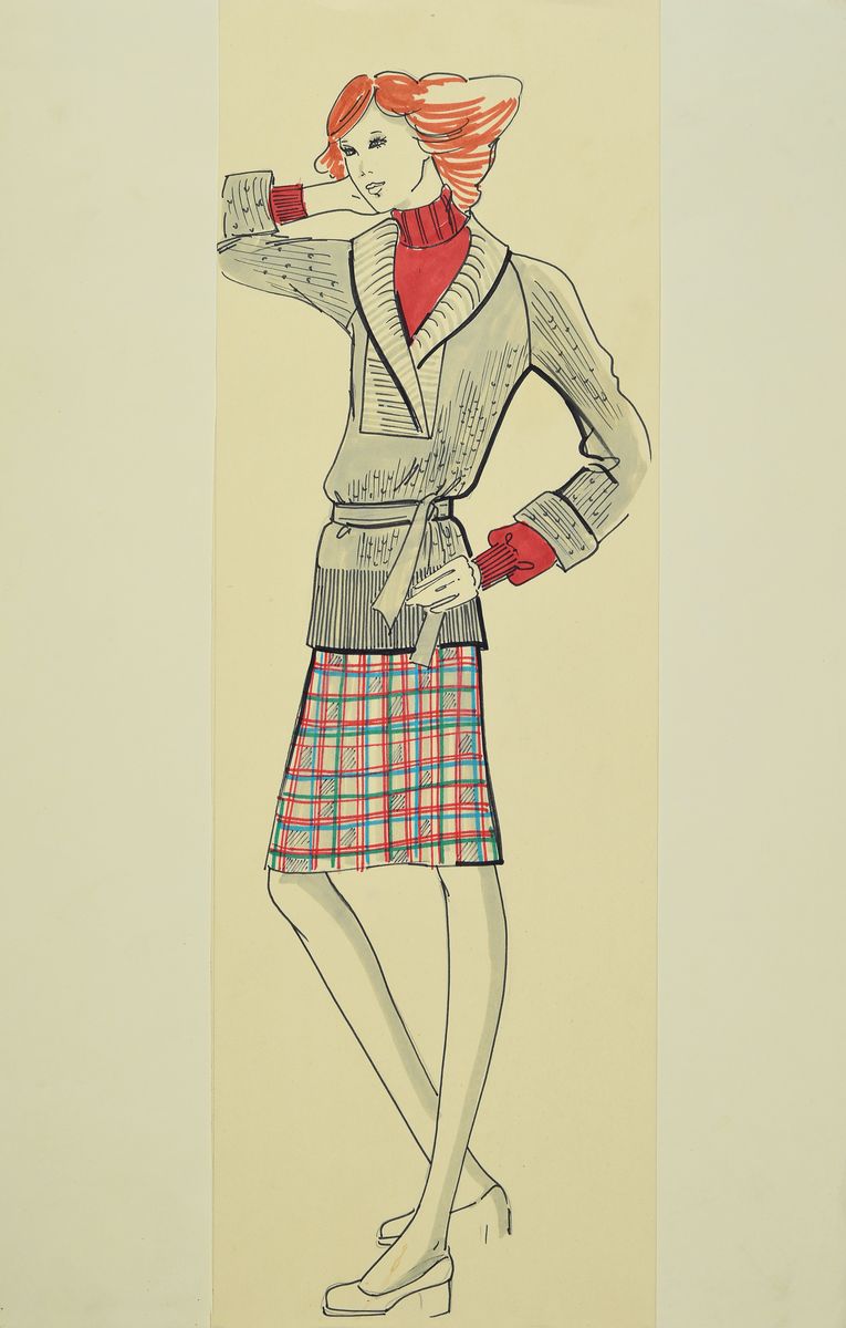 Karl Lagerfeld, 1933-2019, Modezeichnung, Filzstift, Aquarell auf Papier, ca. 51x17,5 cm, Zeichnung auf dickem Papier montiert, Blattgr. 51x34 cm, ...