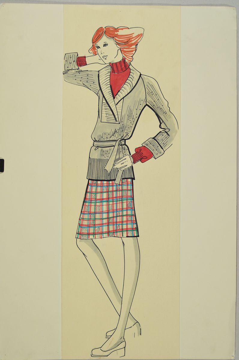 Detail k: Karl Lagerfeld, 1933-2019, Modezeichnung, Filzstift, Aquarell auf Papier, ca. 51x17,5 cm, Zeichnung auf dickem Papier montiert, Blattgr. 51x34 cm, ...