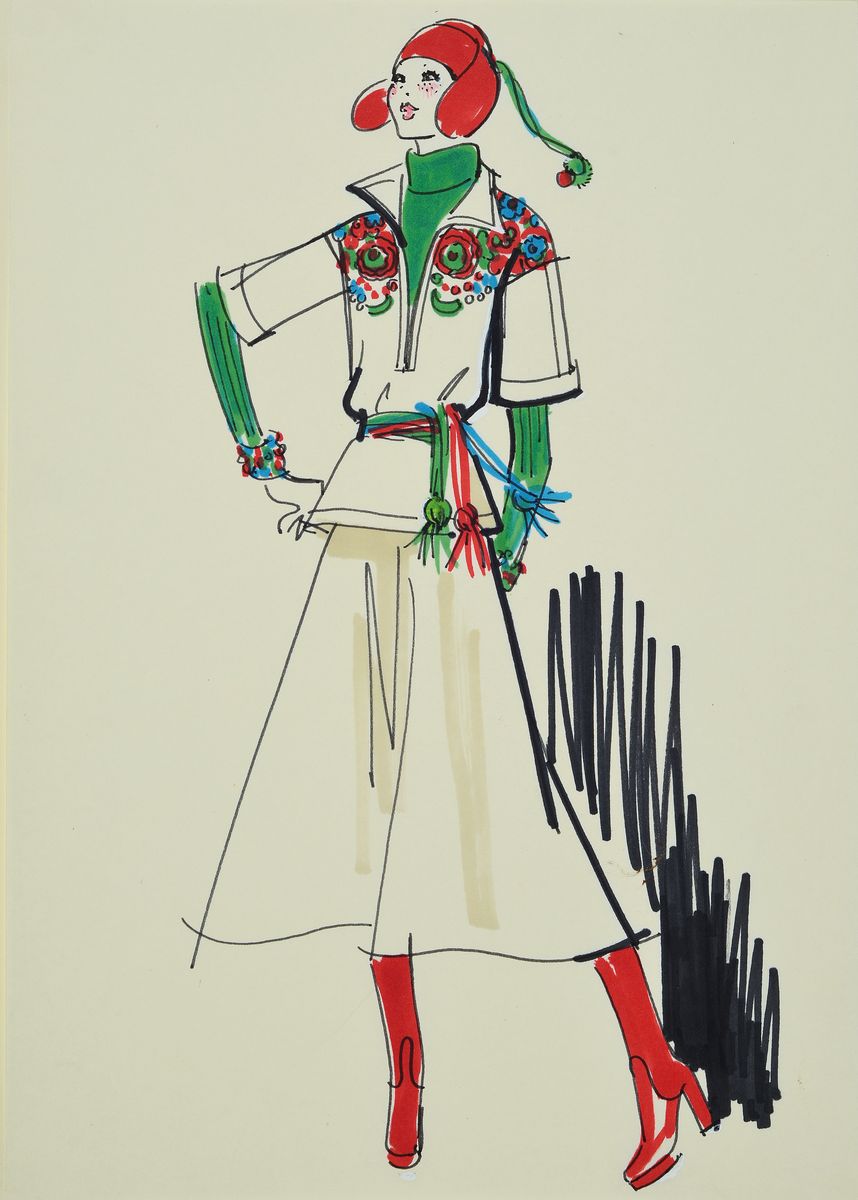 Karl Lagerfeld, 1933-2019, Modezeichnung, Filzstift auf Papier, ca. 30x21 cm, Zeichnung auf dickem Papier montiert, Blattgr. 51x34 ...