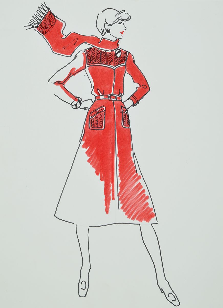 Karl Lagerfeld, 1933-2019, Modezeichnung, Filzstift auf Papier, ca. 34,5x25,5 cm, Zeichnung auf dickem Papier montiert, Blattgr. 51x34 cm, ...