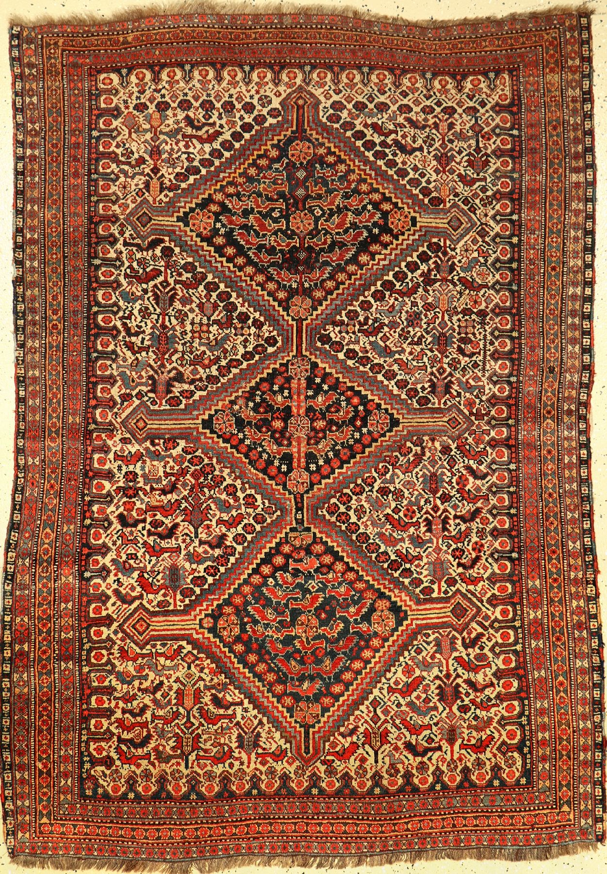 Khamseh antik, Persien, um 1890, Wolle auf Wolle, ca. 188 x 135 cm, Chicken-Typus, selten, EHZ: 3-4