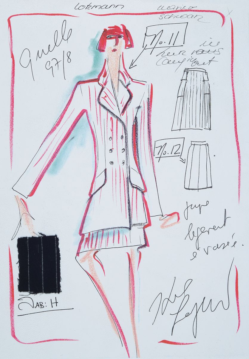 Karl Lagerfeld, 1933-2019, 2 Modeskizzen, Filzstift auf dünnem Papier, eines handsign., teils mit Notizen versehen, je. 29,5x21 cm mit Stoffmuster