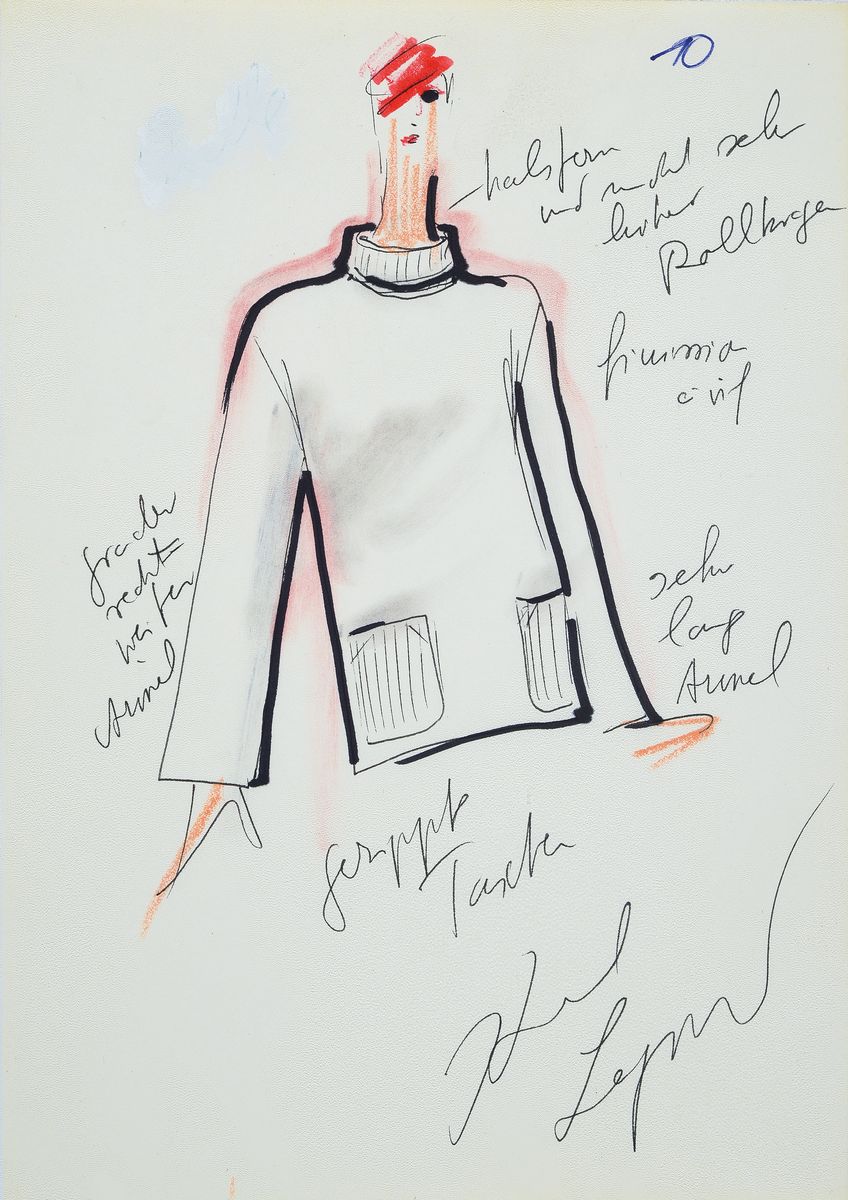 Karl Lagerfeld, 1933-2019, Konvolut aus 2 Modeskizzen, Filzstift auf dünnem Papier, eines handsign., teils mit Notizen und Stoffmuster versehen, je ...