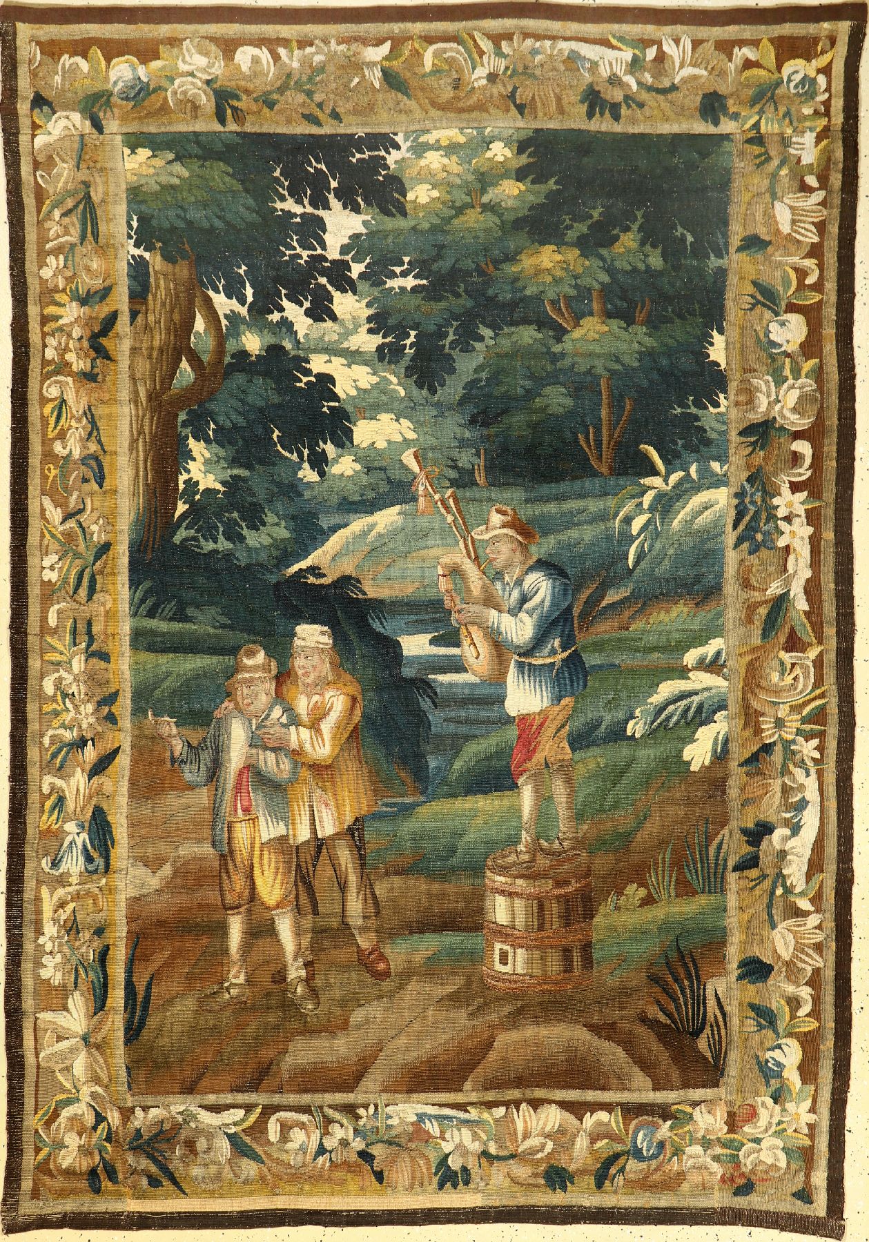Flämische "Tapisserie" antik, Flandern, um 1700, Wolle mit Seide. Dekorative Tapisserie aus den Flämischen Werkstätten mit Waldszene ...