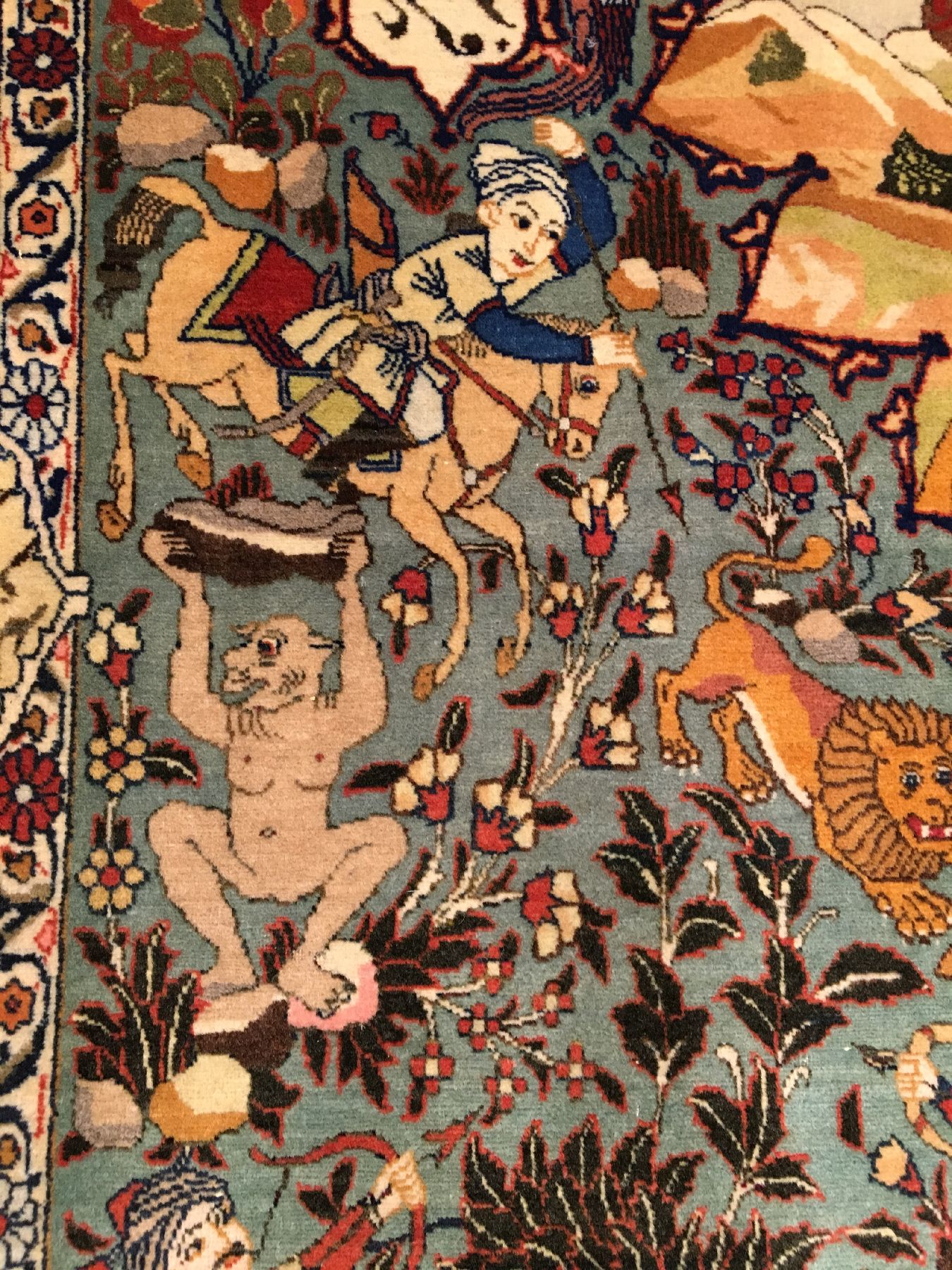Detail f: Seltener großer grüner Täbriz alt (Geschichte aus dem alten Testament: Jakob), Nordwestpersien, um 1930, Korkwolle geknüpft auf Baumwolle. ...