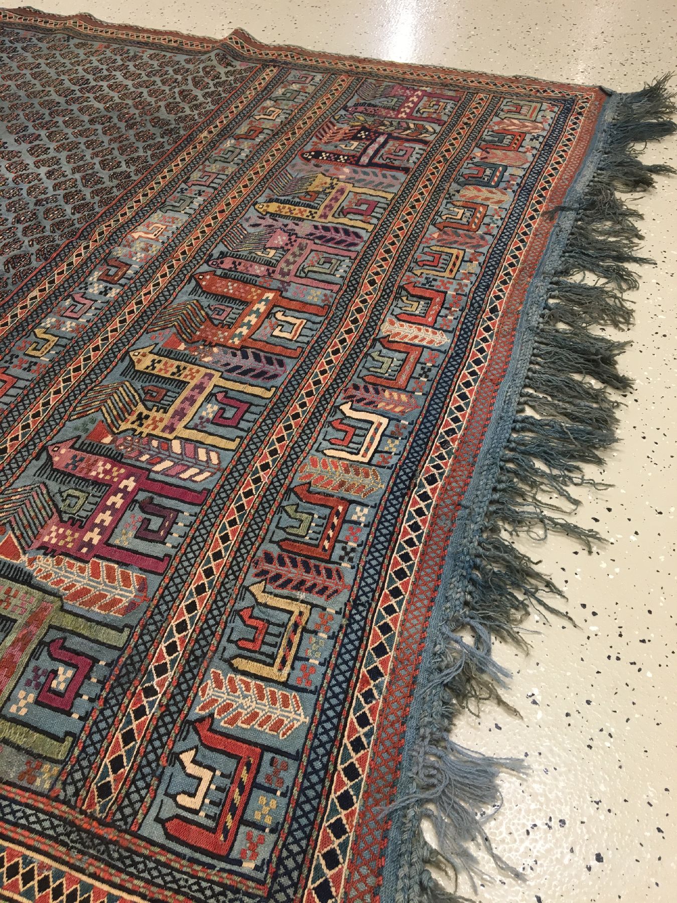 Detail c: Seltene feine Azeri "Pferdedecke" antik, Kaukasus Azerbaijan, 19.Jhd., Wolle gewebt in Verneh-Technik auf Wolle. Himmelblaue Pferdedecke ...