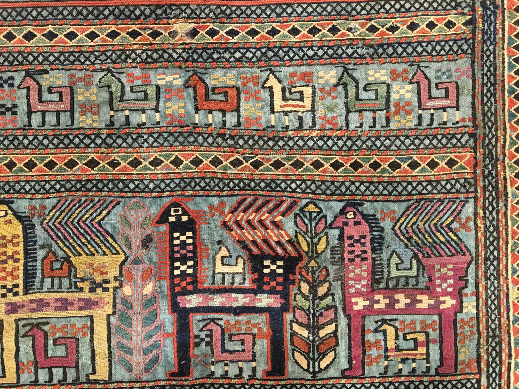 Detail g: Seltene feine Azeri "Pferdedecke" antik, Kaukasus Azerbaijan, 19.Jhd., Wolle gewebt in Verneh-Technik auf Wolle. Himmelblaue Pferdedecke ...