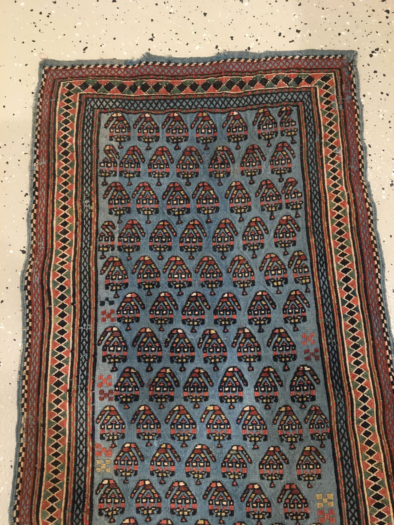 Detail h: Seltene feine Azeri "Pferdedecke" antik, Kaukasus Azerbaijan, 19.Jhd., Wolle gewebt in Verneh-Technik auf Wolle. Himmelblaue Pferdedecke ...
