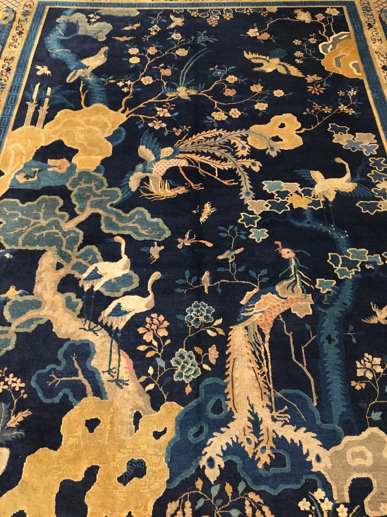 Detail b: Seltener Peking antik, Nordostchina, 19.Jhd., Korkwolle geknüpft auf Baumwolle. Hochdekorativer Peking mit Vogelmotiven im Innenfeld wie z.B. ...