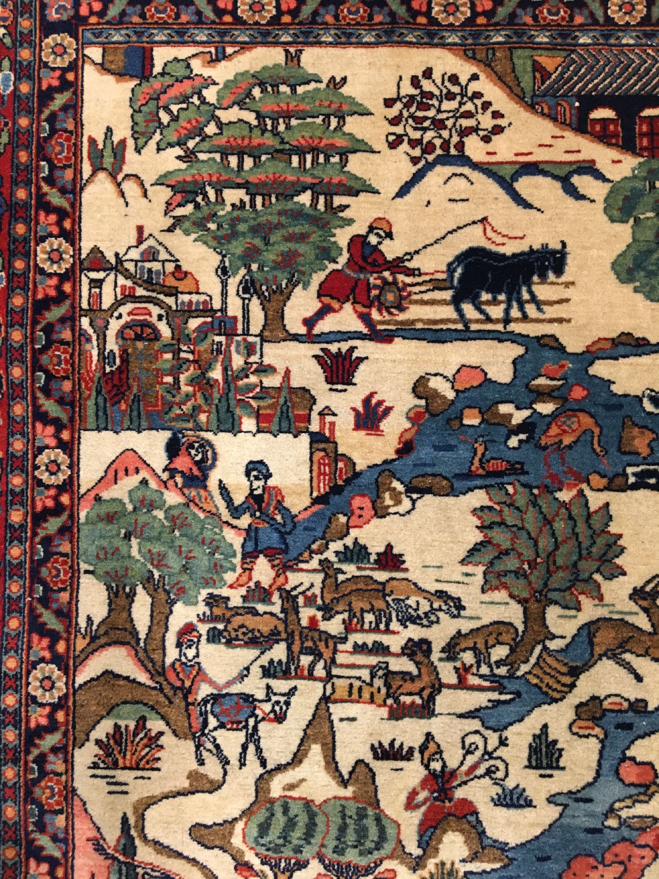 Detail c: Feiner Keschan Kork "Bildteppich" antik (Stadtszene in Keschan), Zentralpersien, um 1910, Korkwolle geknüpft auf Baumwolle. Feiner ...