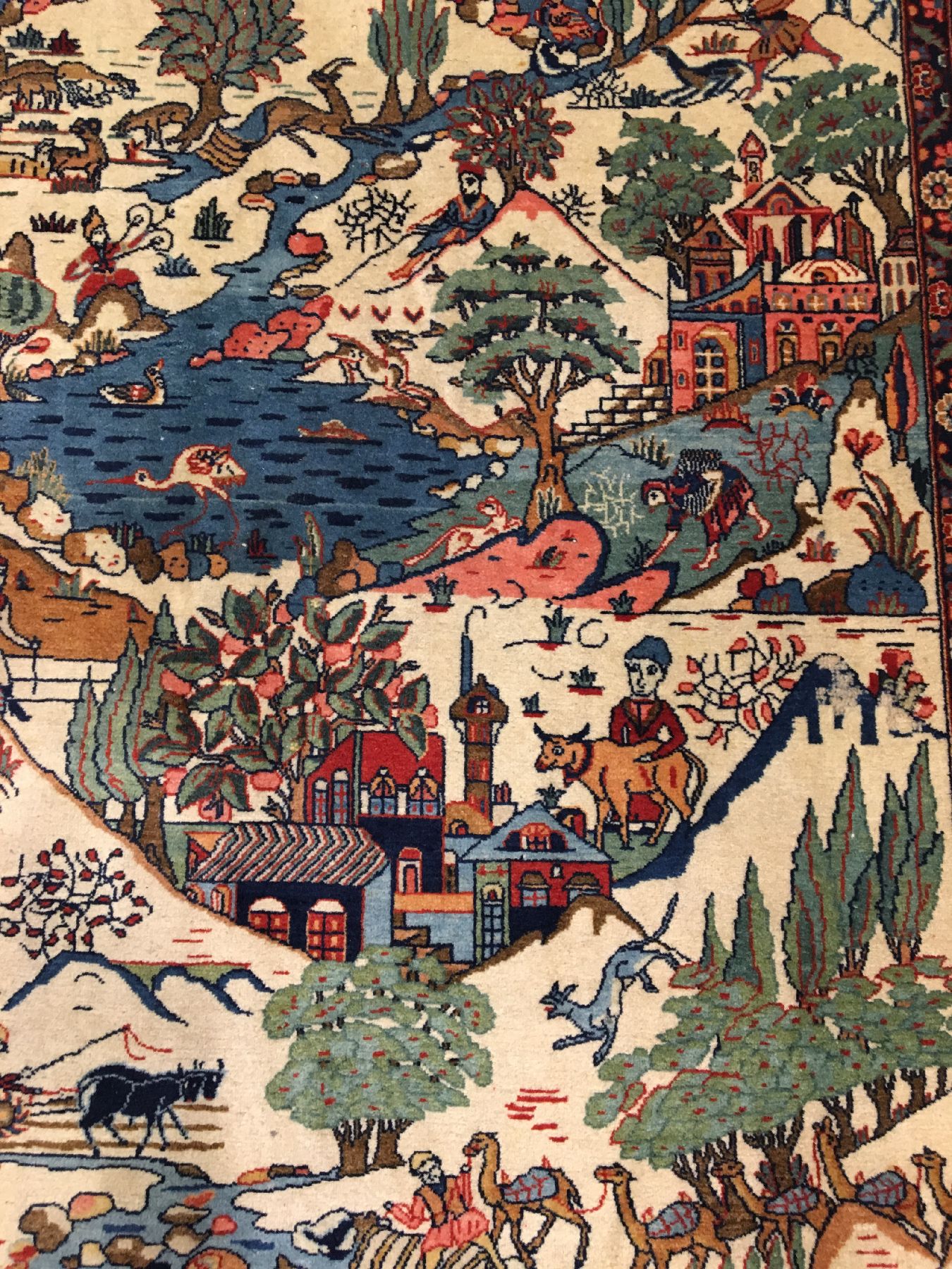 Detail d: Feiner Keschan Kork "Bildteppich" antik (Stadtszene in Keschan), Zentralpersien, um 1910, Korkwolle geknüpft auf Baumwolle. Feiner ...