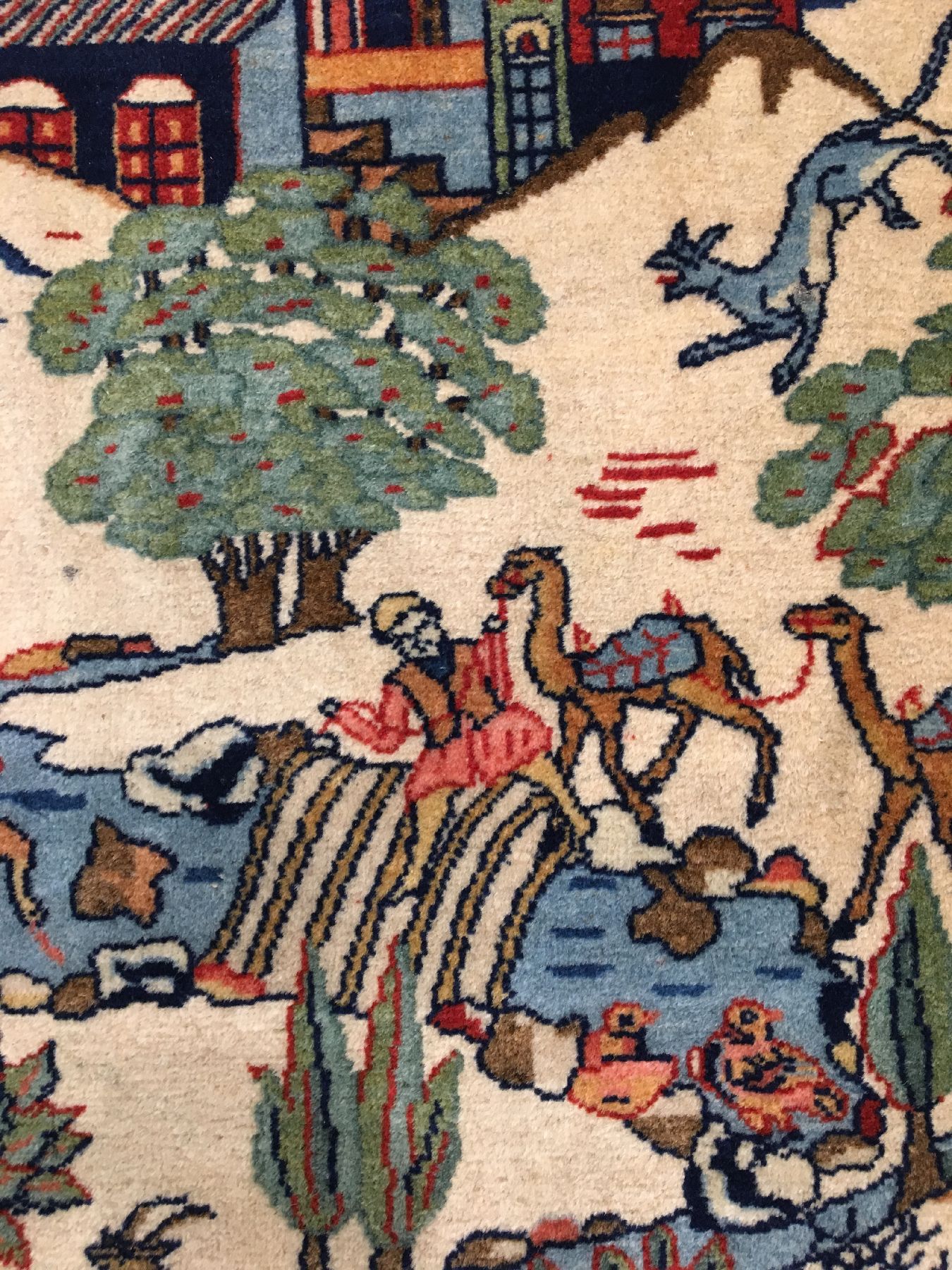 Detail e: Feiner Keschan Kork "Bildteppich" antik (Stadtszene in Keschan), Zentralpersien, um 1910, Korkwolle geknüpft auf Baumwolle. Feiner ...