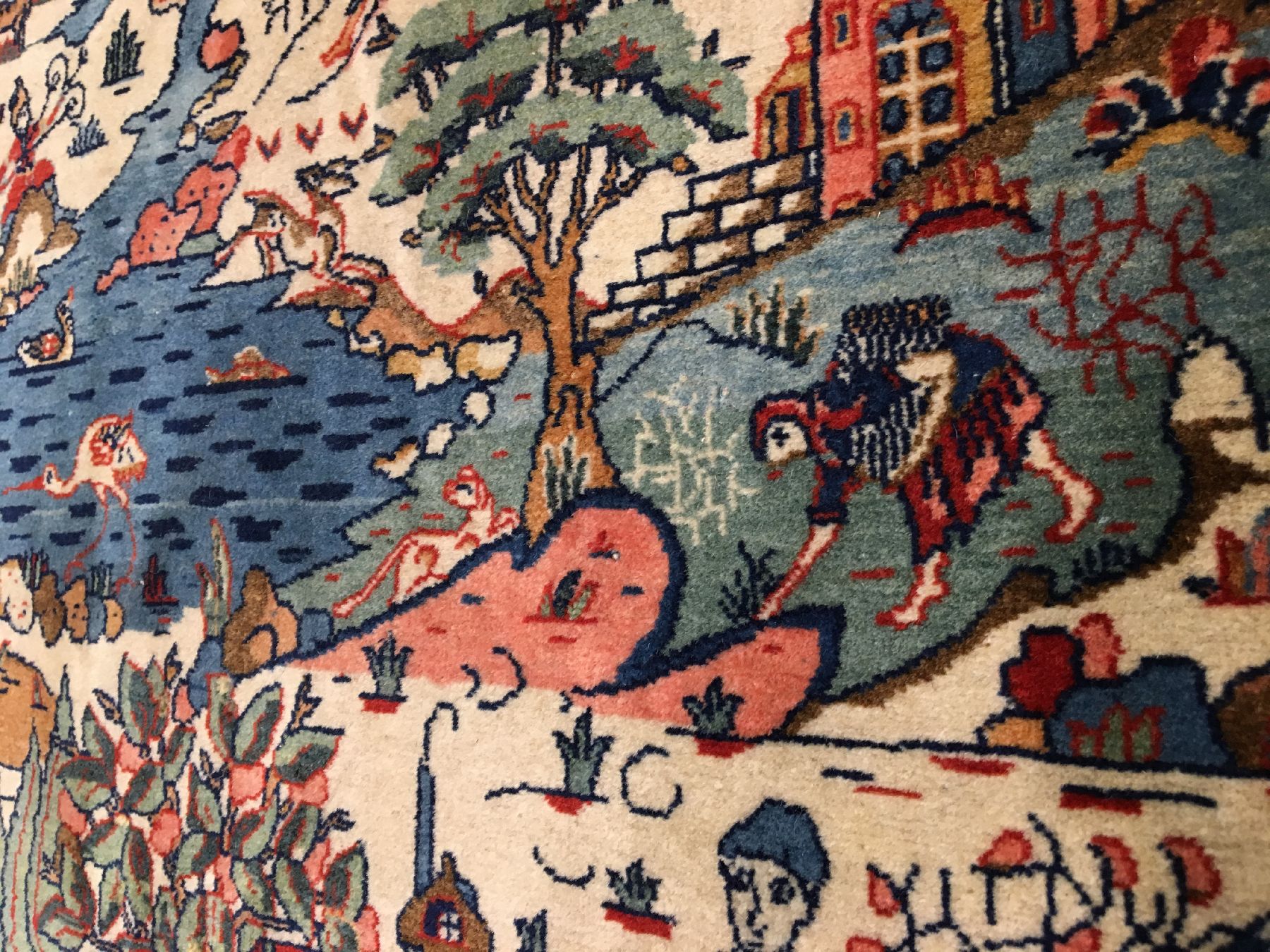 Detail g: Feiner Keschan Kork "Bildteppich" antik (Stadtszene in Keschan), Zentralpersien, um 1910, Korkwolle geknüpft auf Baumwolle. Feiner ...