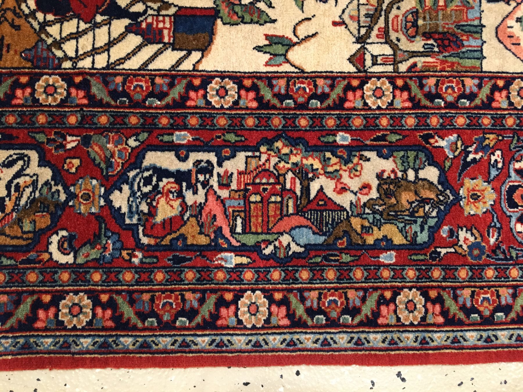 Detail h: Feiner Keschan Kork "Bildteppich" antik (Stadtszene in Keschan), Zentralpersien, um 1910, Korkwolle geknüpft auf Baumwolle. Feiner ...