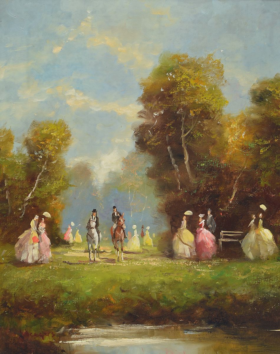 Unleserlich signiert, Mitte 20. Jh., Gesellschaft im Park, Öl/Lwd, links unten unleserlich signiert, ca. 50x40cm/62x52cm, R.