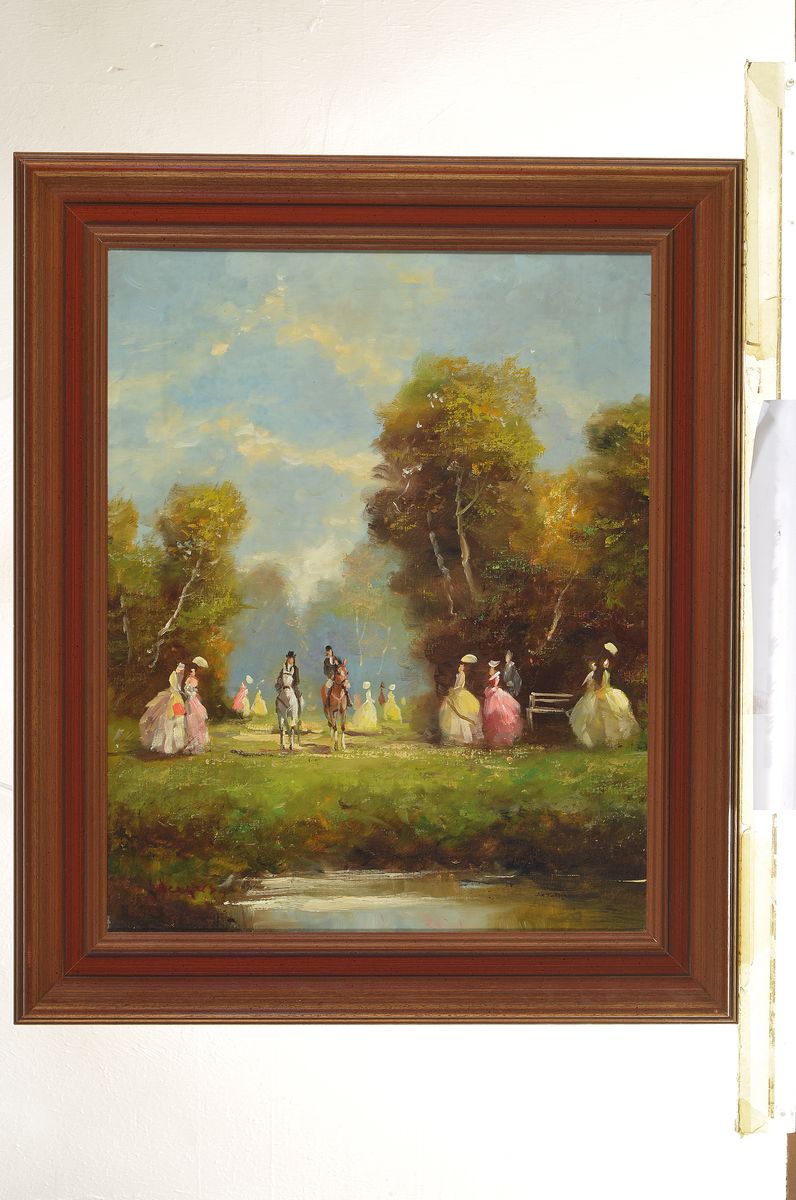 Detail k: Unleserlich signiert, Mitte 20. Jh., Gesellschaft im Park, Öl/Lwd, links unten unleserlich signiert, ca. 50x40cm/62x52cm, R.