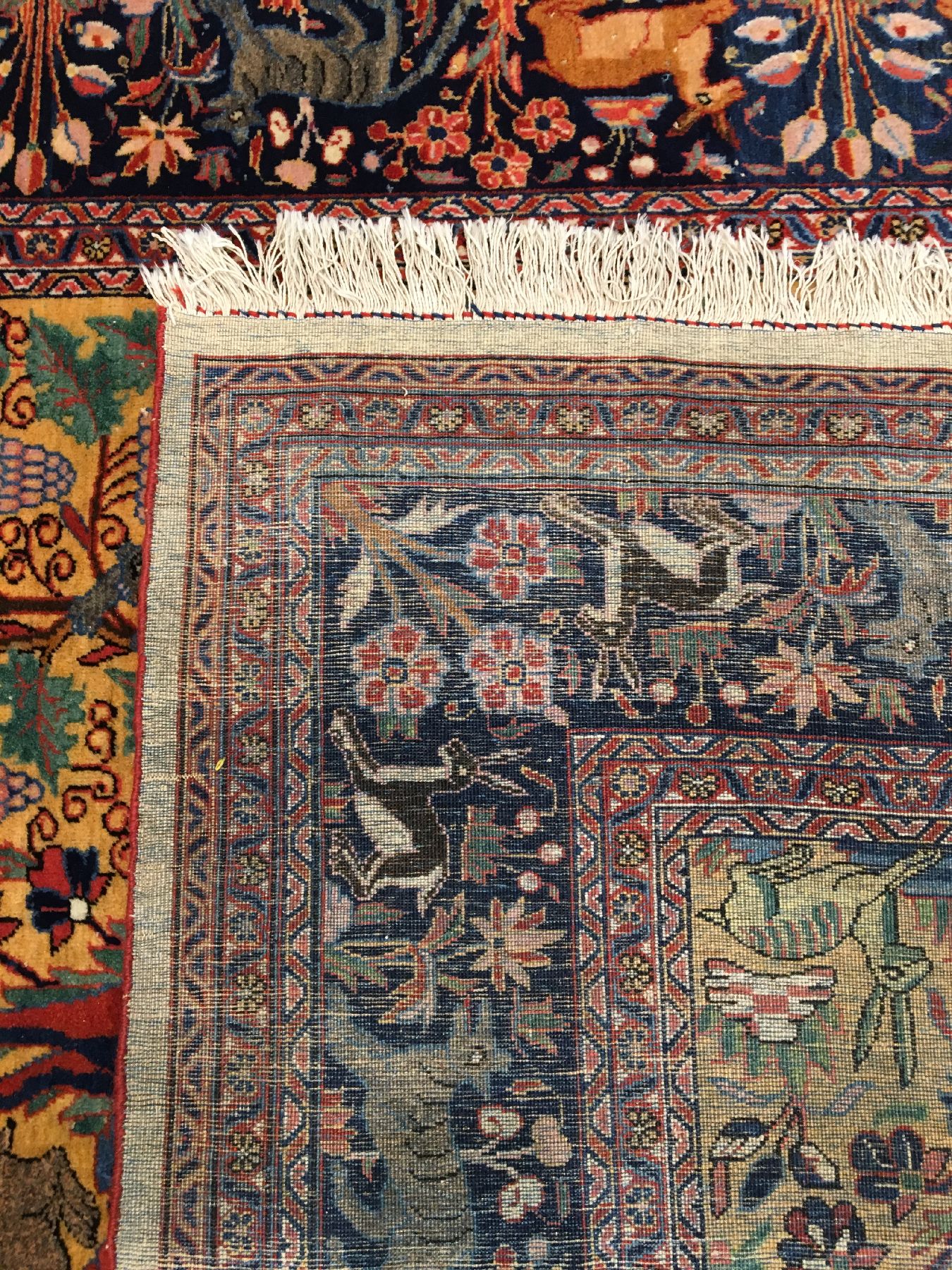 Detail i: Feiner gelber Keschan antik (Paradies-Lebensbaum), Zentralpersien, um 1900, Korkwolle geknüpft auf Baumwolle. Seltener Keschan mit kunstvollen und ...