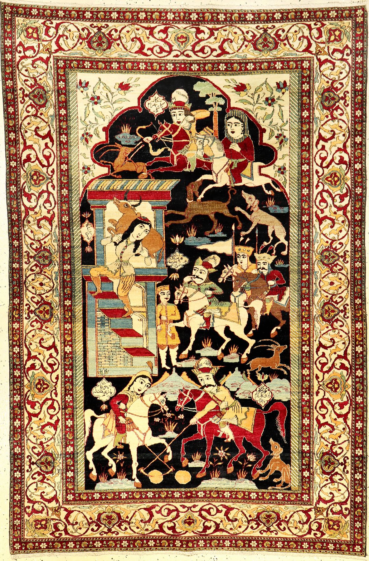 Seltener feiner Esfahan "Ahmad" Bildteppich antik (Geschichte von Bahrame Gur), Zentralpersien, 19.Jhd., Korkwolle geknüpft auf ...