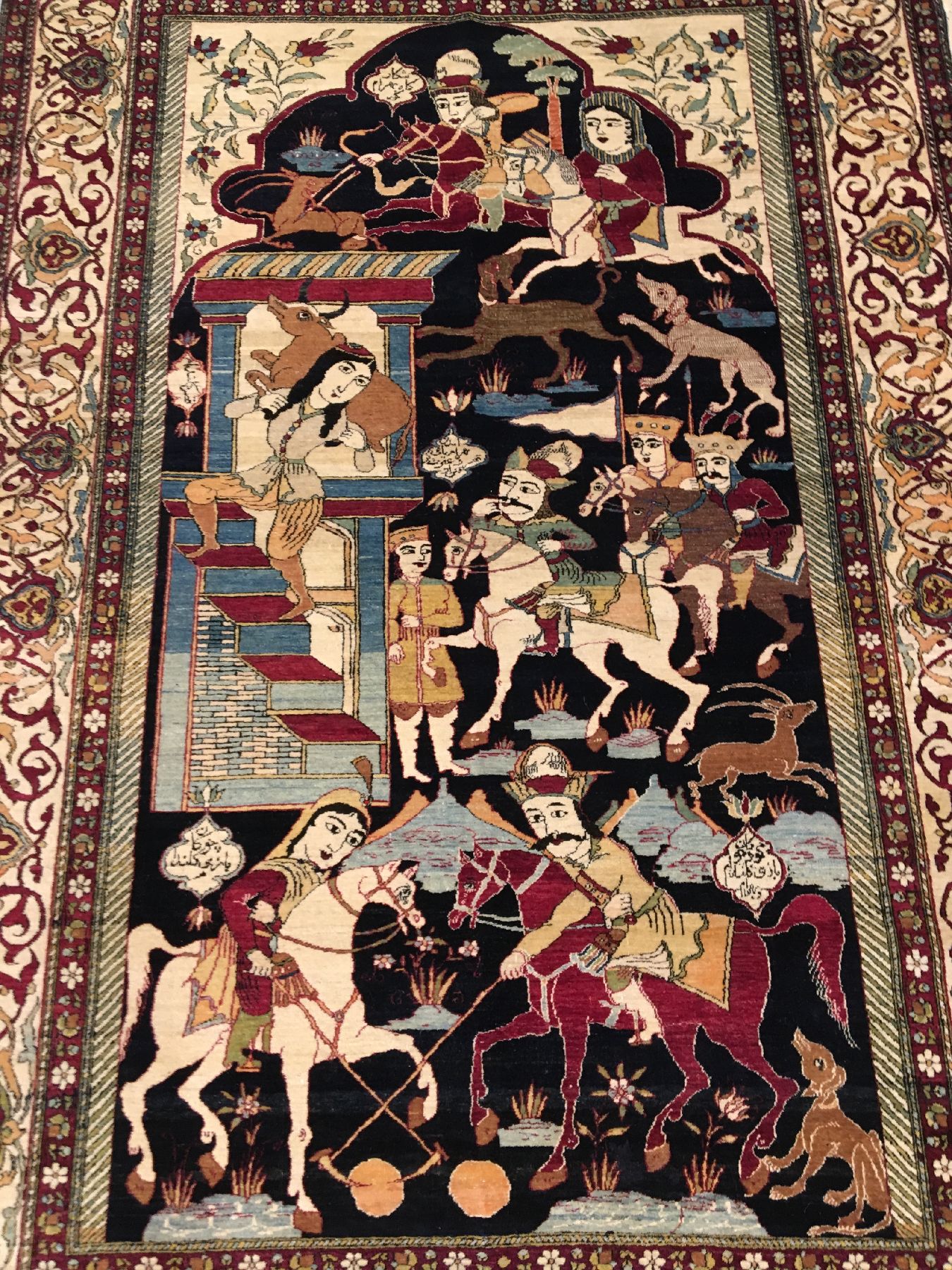 Detail a: Seltener feiner Esfahan "Ahmad" Bildteppich antik (Geschichte von Bahrame Gur), Zentralpersien, 19.Jhd., Korkwolle geknüpft auf ...