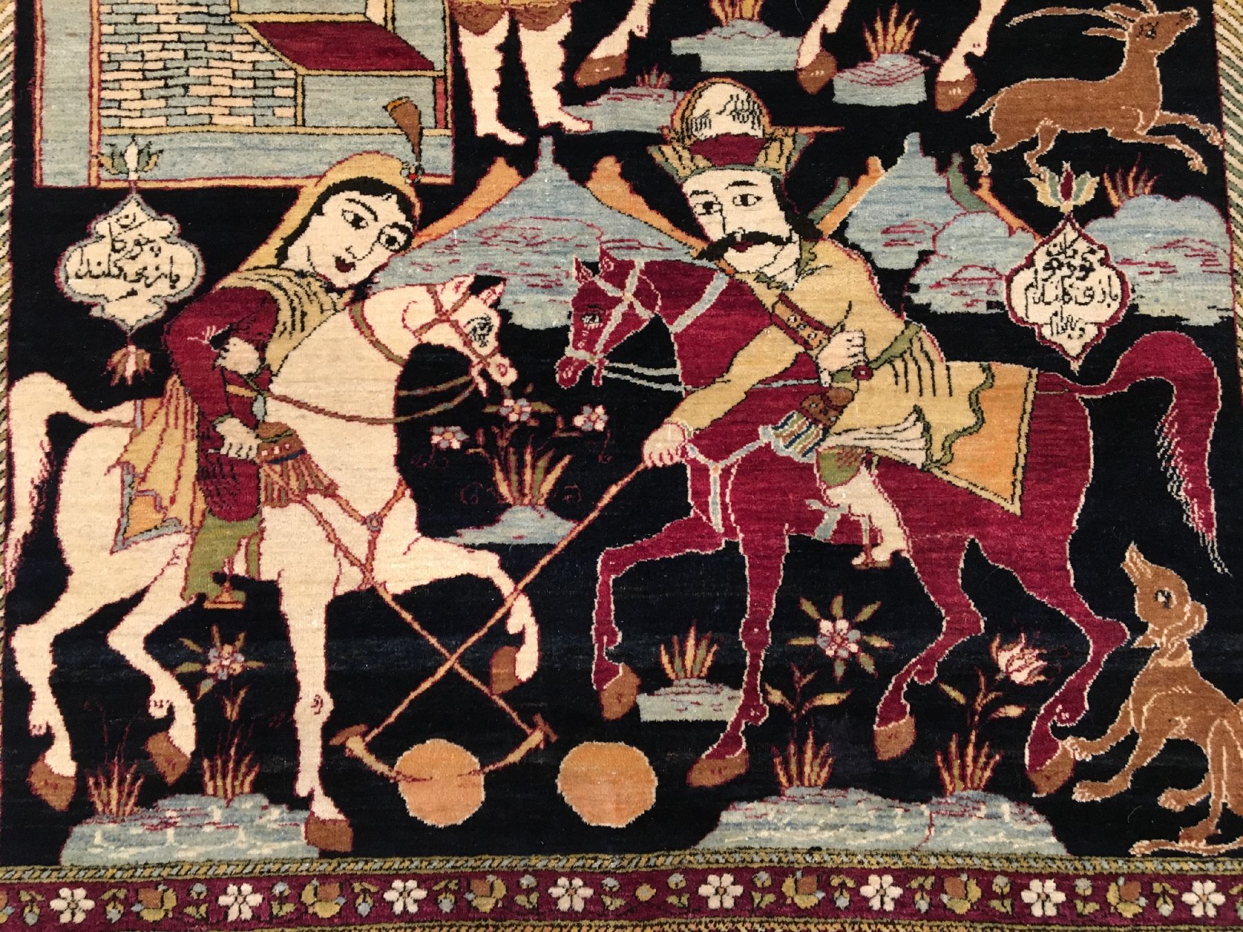 Detail d: Seltener feiner Esfahan "Ahmad" Bildteppich antik (Geschichte von Bahrame Gur), Zentralpersien, 19.Jhd., Korkwolle geknüpft auf ...