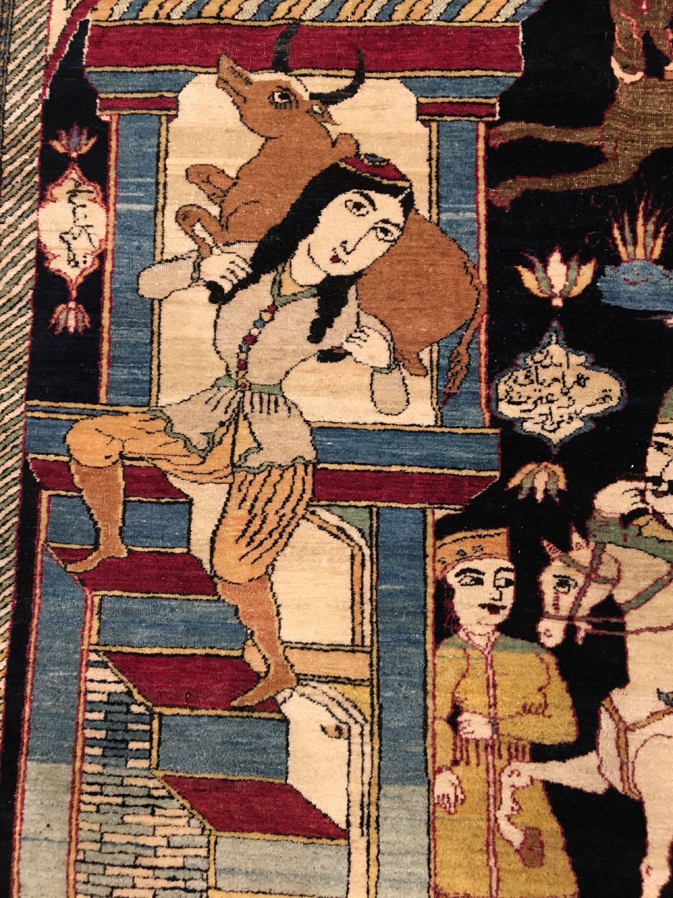 Detail e: Seltener feiner Esfahan "Ahmad" Bildteppich antik (Geschichte von Bahrame Gur), Zentralpersien, 19.Jhd., Korkwolle geknüpft auf ...