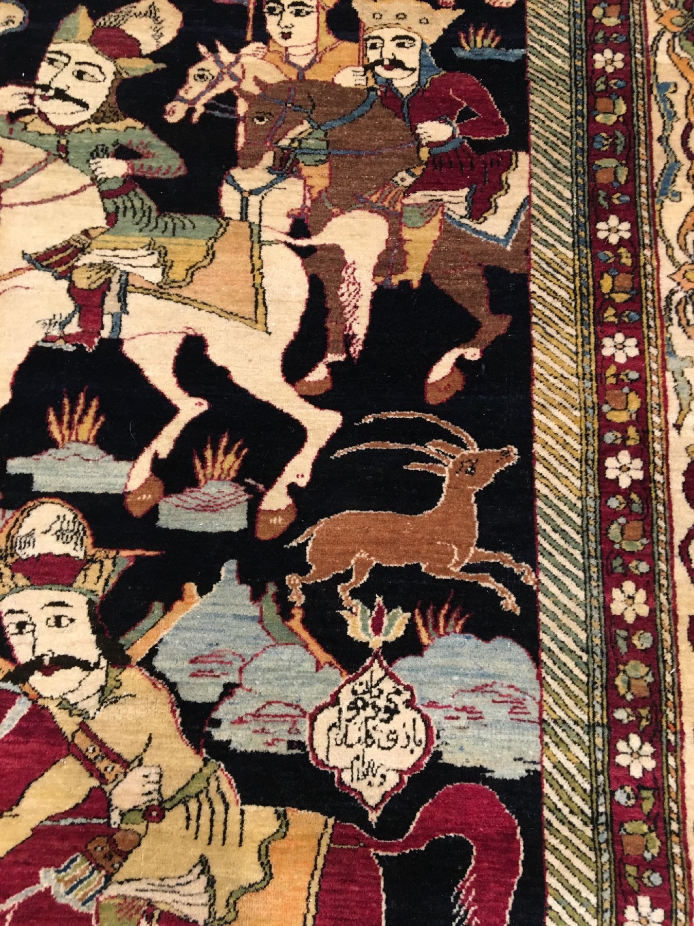Detail g: Seltener feiner Esfahan "Ahmad" Bildteppich antik (Geschichte von Bahrame Gur), Zentralpersien, 19.Jhd., Korkwolle geknüpft auf ...