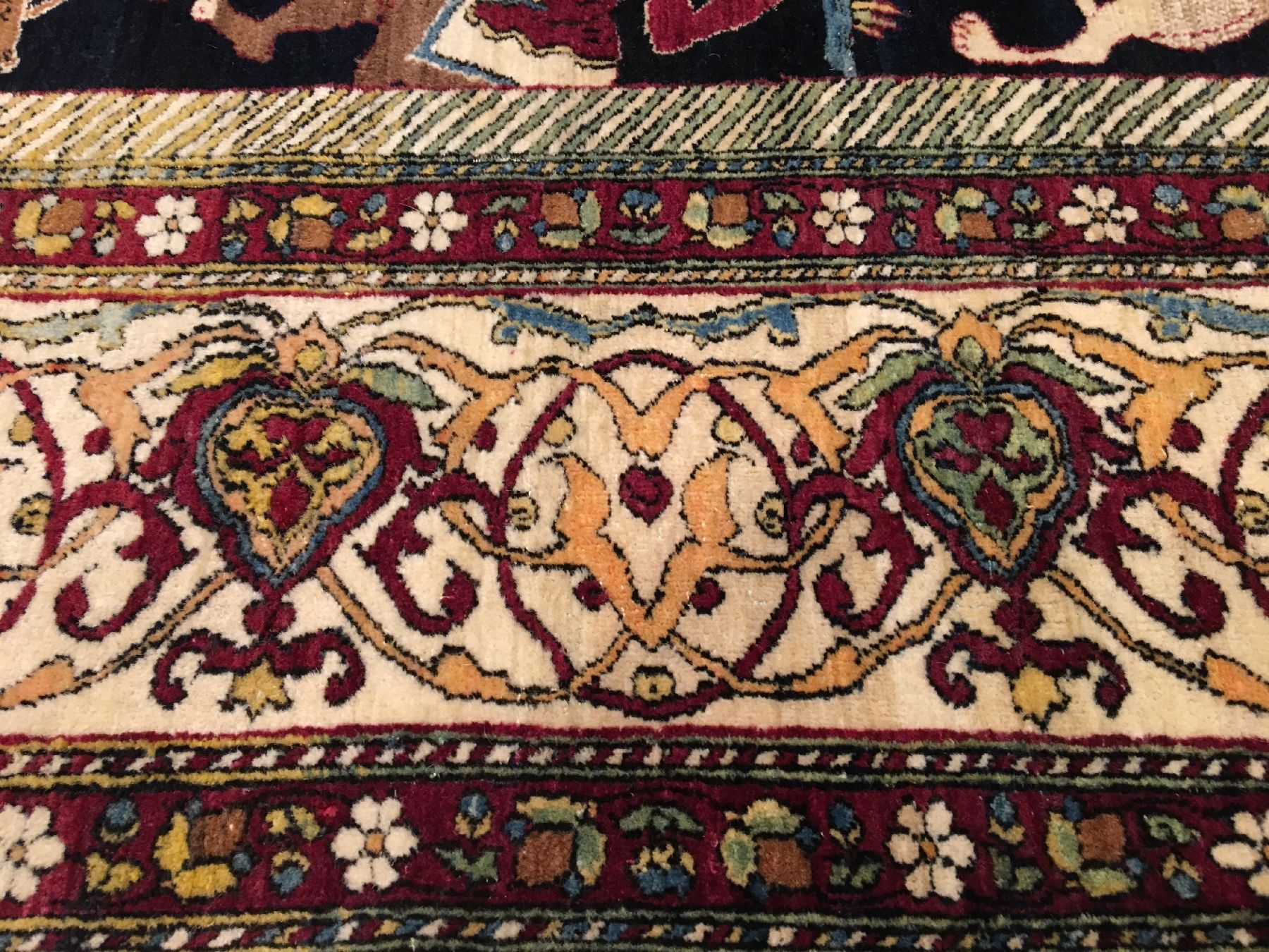 Detail h: Seltener feiner Esfahan "Ahmad" Bildteppich antik (Geschichte von Bahrame Gur), Zentralpersien, 19.Jhd., Korkwolle geknüpft auf ...