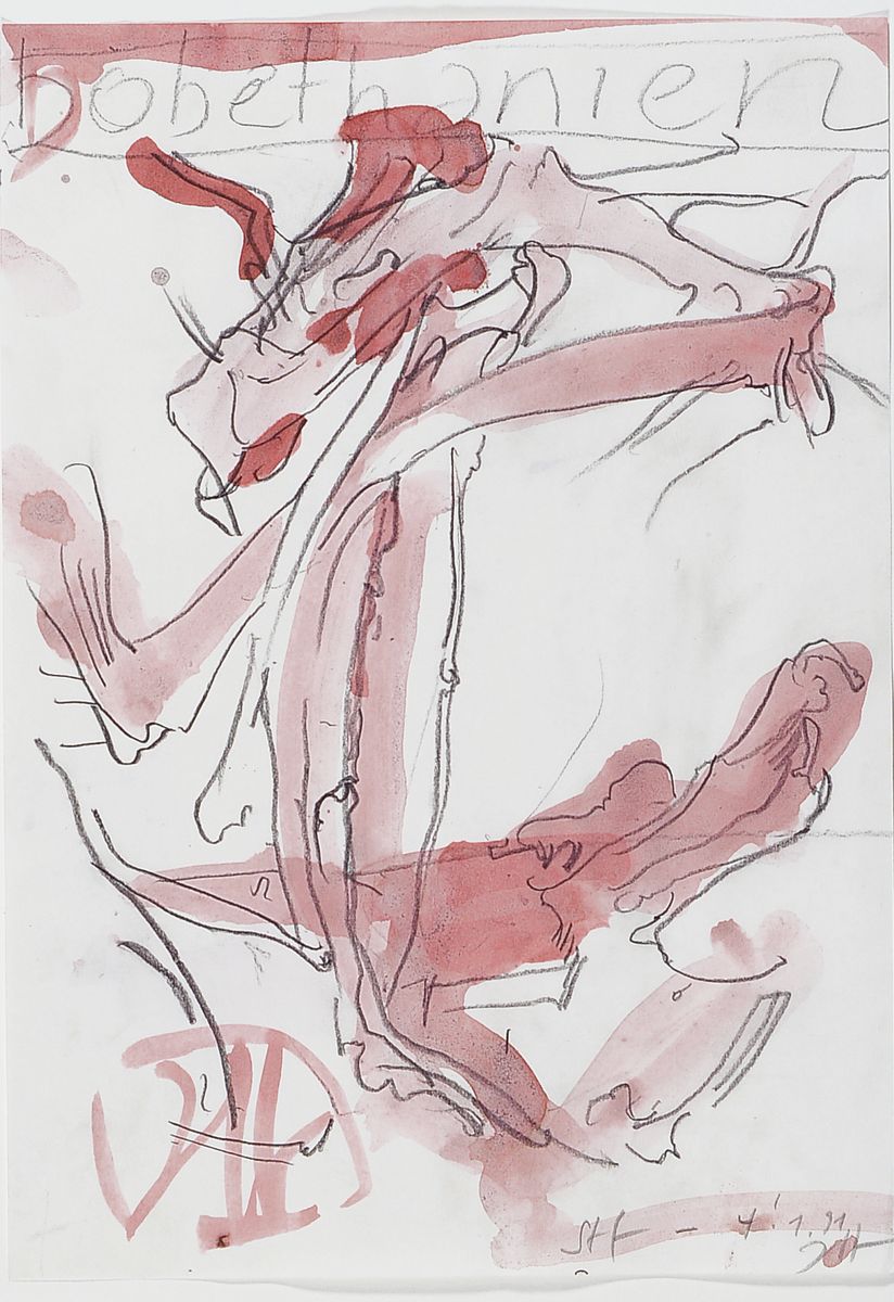 Horst Janssen, 1929-1995, Aquarell auf Papier, betitelt: "Bobethanien" hand-monogr. und dat. 4.1.91, 30 x 20.1 cm, unter Glas, Rahmen PP. ...