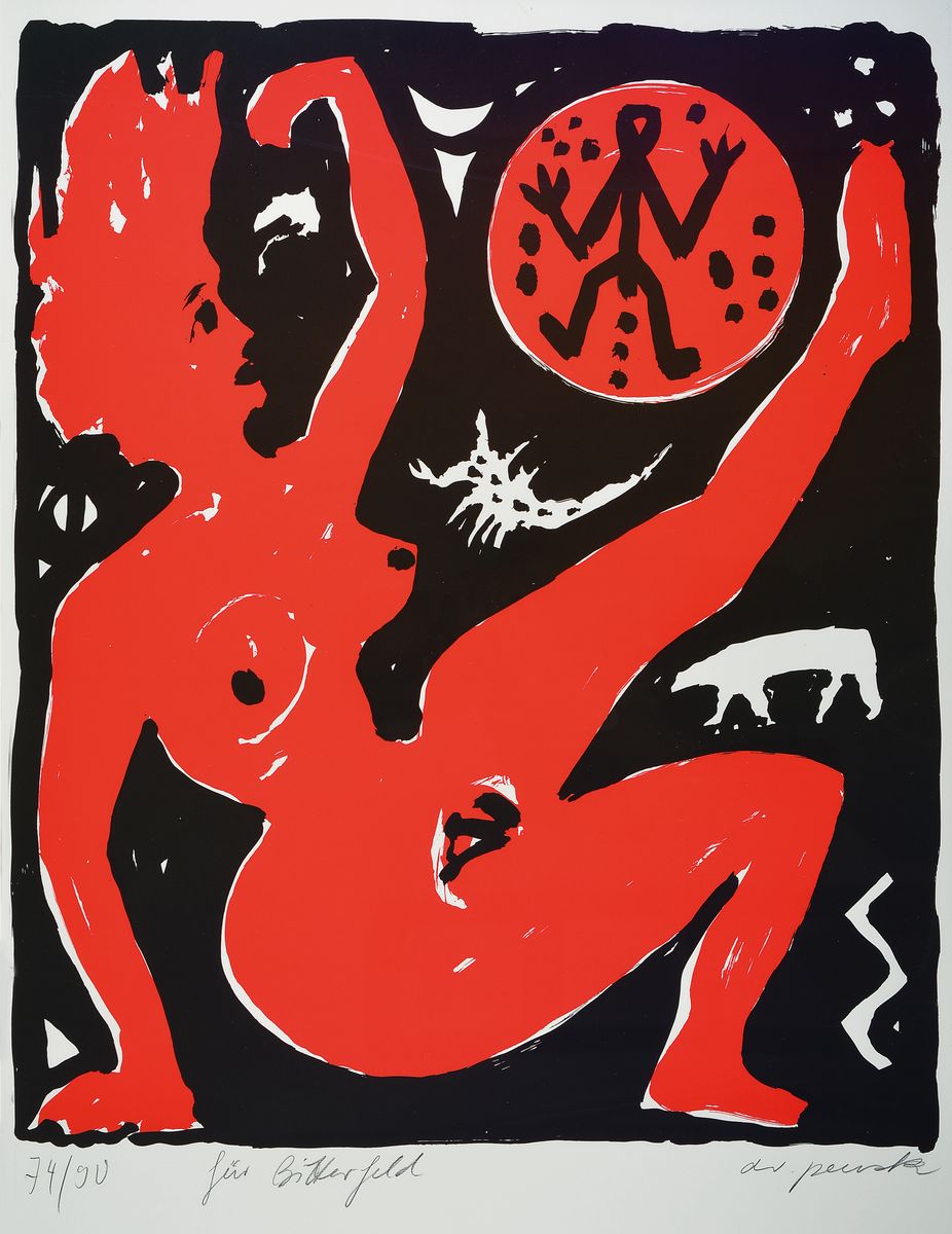 A.R. Penck, 1939-2017, Farbserigraphie, handsigniert und num. 74/90, bez. "für Bitterfeld", ca. 88 x 75 cm, Rahmen: 93 x 65.5 cm