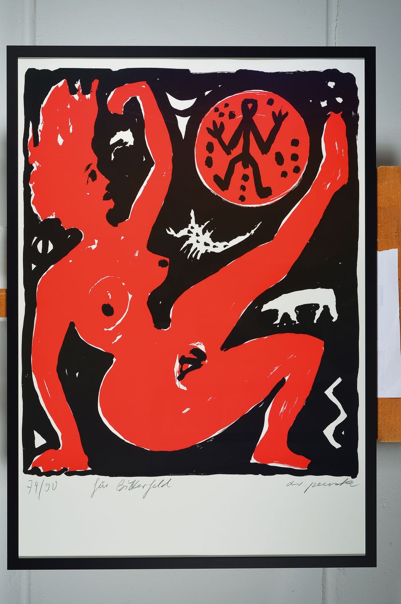 Detail k: A.R. Penck, 1939-2017, Farbserigraphie, handsigniert und num. 74/90, bez. "für Bitterfeld", ca. 88 x 75 cm, Rahmen: 93 x 65.5 cm