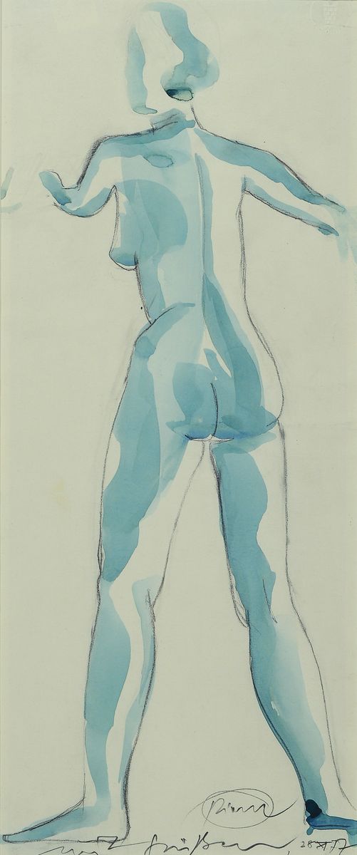 Otto Piene 1928-2014, weiblicher Rückenakt, Aquarell über Bleistift,signiert, mit Widmung: "mit Grüßen" und dat. 28.X.77, PP., ...