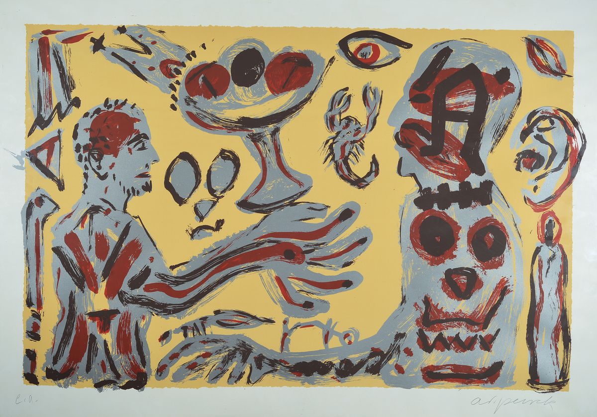 A.R. Penck, 1939 - 2017, Farbserigraphie auf dünnem Karton, handsigniert und bez. e.a., Blattgröße 70 x 100 cm, Rahmen: 71 x 101 cm