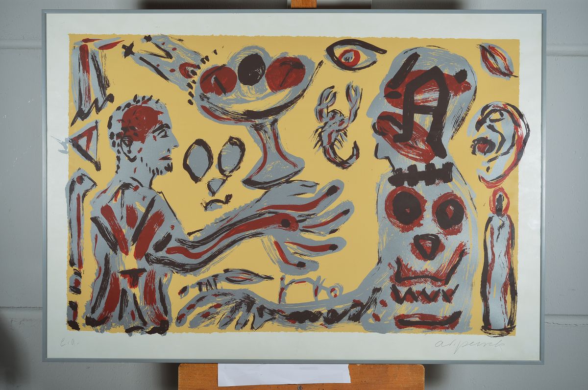 Detail k: A.R. Penck, 1939 - 2017, Farbserigraphie auf dünnem Karton, handsigniert und bez. e.a., Blattgröße 70 x 100 cm, Rahmen: 71 x 101 cm