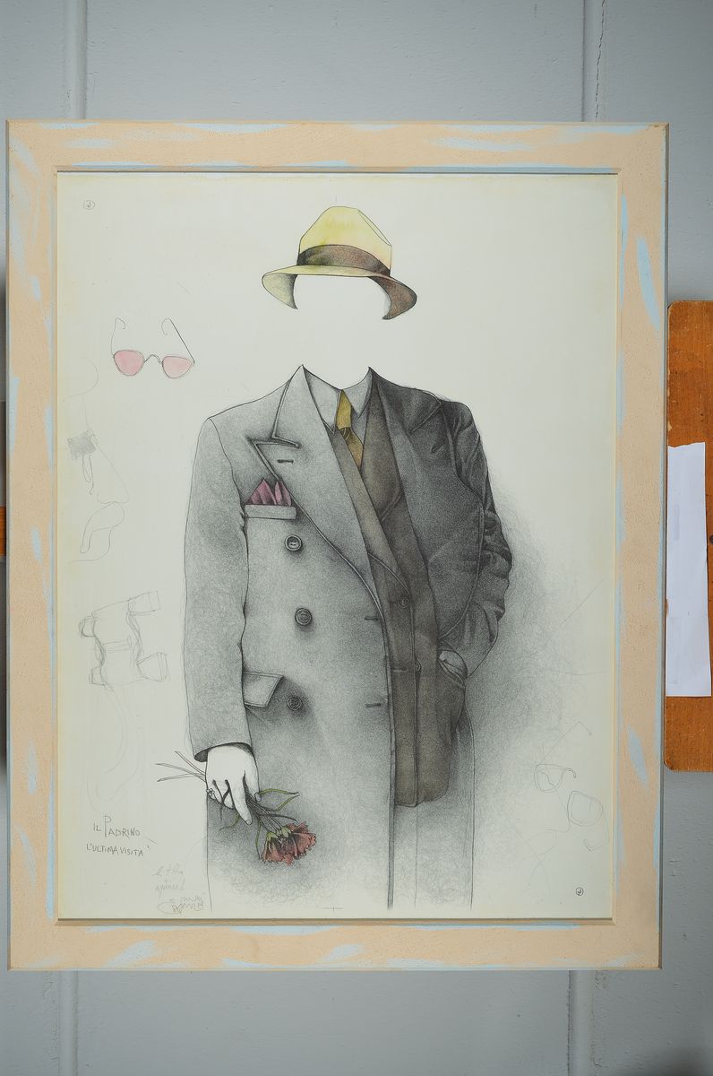 Detail k: Bruno Bruni, geb. 1935 Gradara, Lithografie mit Aquarell koloriert auf BFK Rives, "Il Padrino L'Ultima Visita", handsigniert, 78 x ...