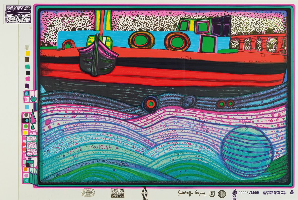 Friedensreich Hundertwasser, 1928-2000, Regentag auf Liebe Wellen, Farbserigraphie, Blatt 8 der Mappe, drucksigniert, num. 884/3000, Blattgr. 49.3 x ...