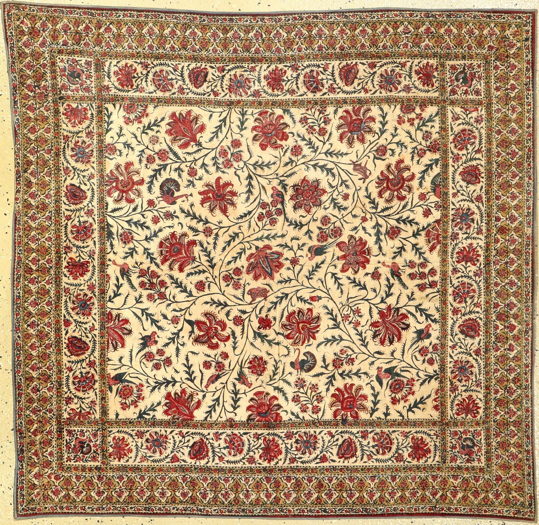 Qalamkar antik (Stoffmalerei), Zentralpersien, 19.Jhd., Stoffmalerei/teilweise gedruckt. Seltener Qalamkar im kleinen Format mit kunstvoller ...