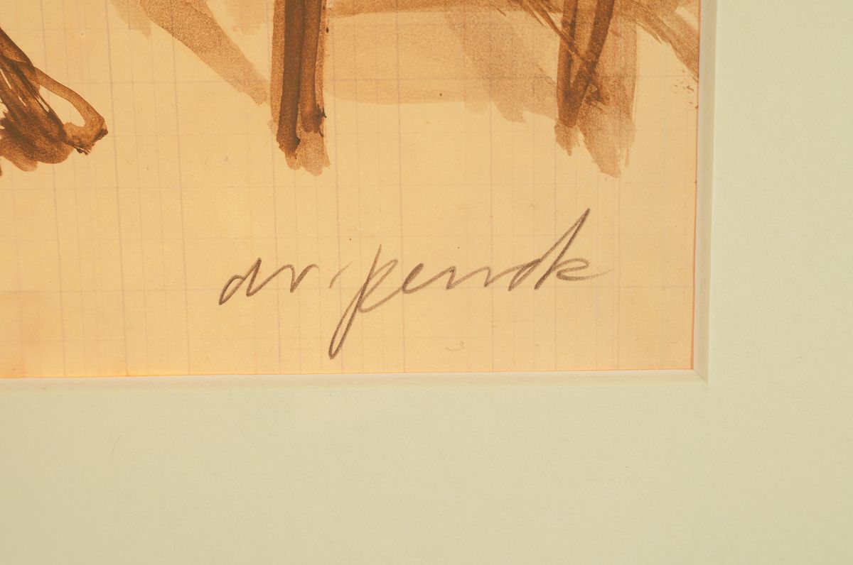Detail a: A.R. Penck, 1939- 2017, Frauenakt beim Haare auswringen und kleiner Hocker, Aquarell/liniertem Papier, Skizze, handsigniert, 29.5 x 21 cm, unter ...