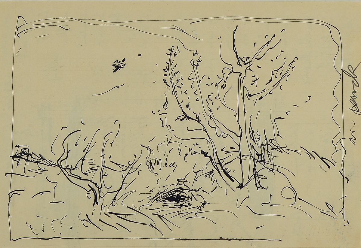 A.R. Penck, 1939-2017, Tuschfederzeichnung/Skizze, Landschaft mit Baum und Busch, seitlich handsigniert, auf Papier, 20.5 x 29 cm, 40.5 x 53.5 cm, ...