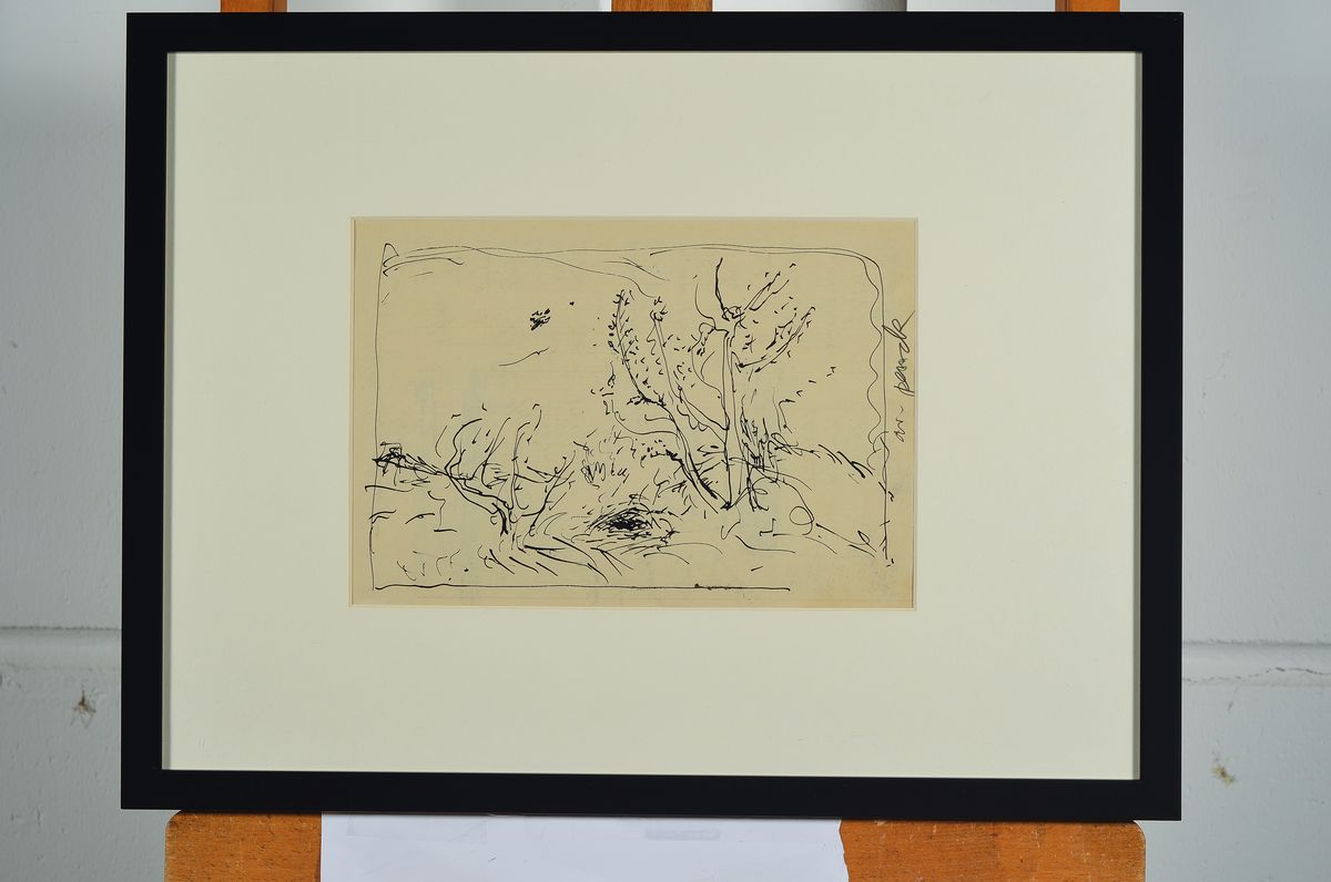 Detail k: A.R. Penck, 1939-2017, Tuschfederzeichnung/Skizze, Landschaft mit Baum und Busch, seitlich handsigniert, auf Papier, 20.5 x 29 cm, 40.5 x 53.5 cm, ...