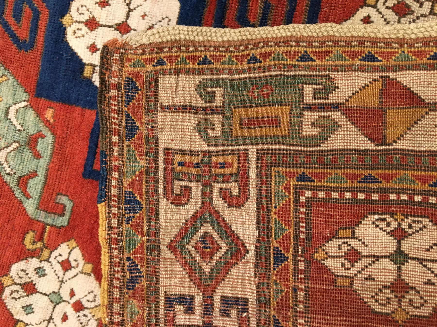 Detail i: Pinwheel Kasak antik (Swastika Kasak), Südwestkaukasus, 19.Jhd., Wolle geknüpft auf Wolle. Seltener Pinwheel Kasak mit typischen Muster aus ...