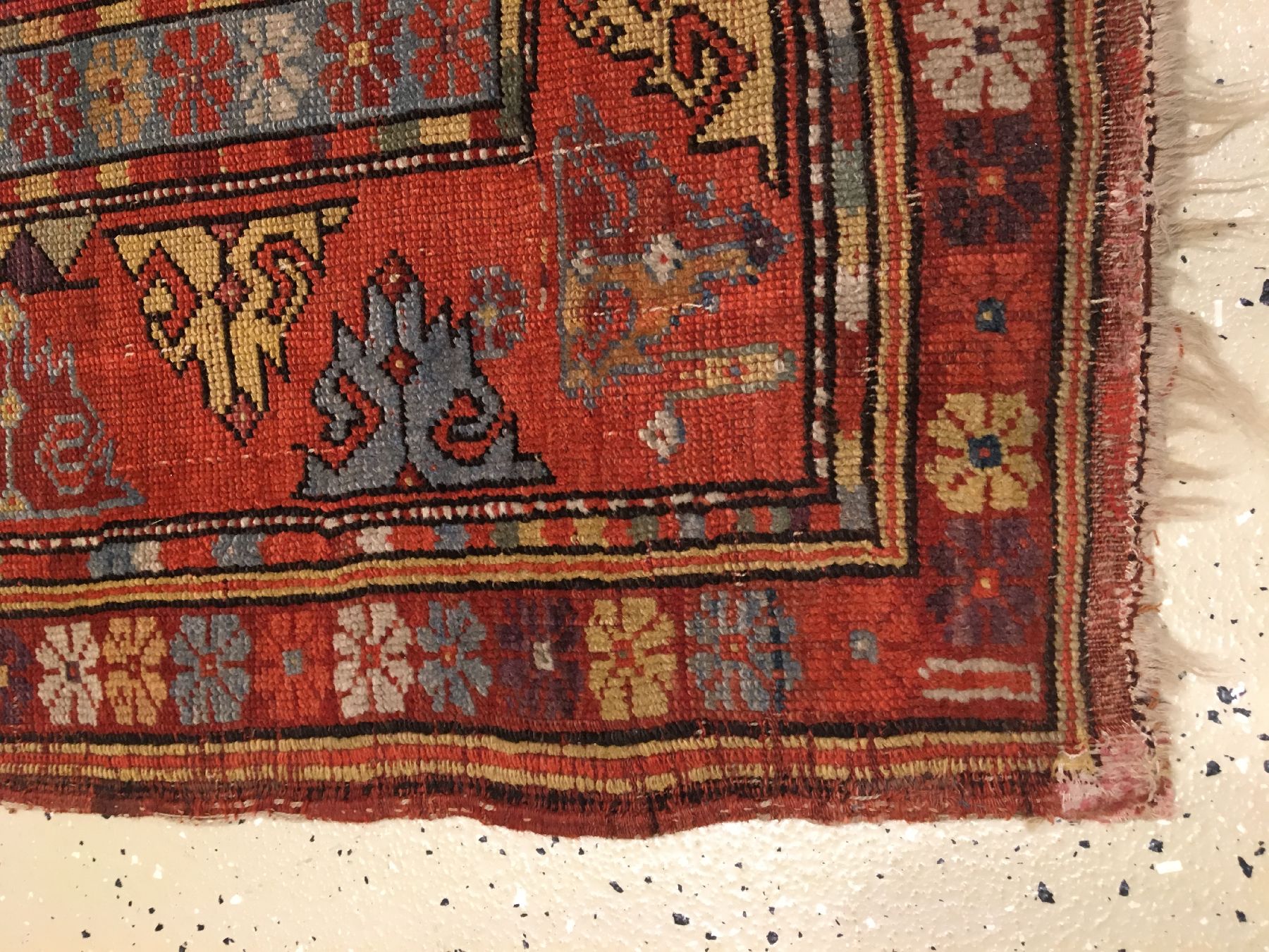 Detail g: Melas antik, Südwestanatolien, Mitte 19.Jhd., Wolle geknüpft auf Wolle. Früher Ada-Melas mit sehr guten Naturfarben (sehr tiefes aubergine und ...