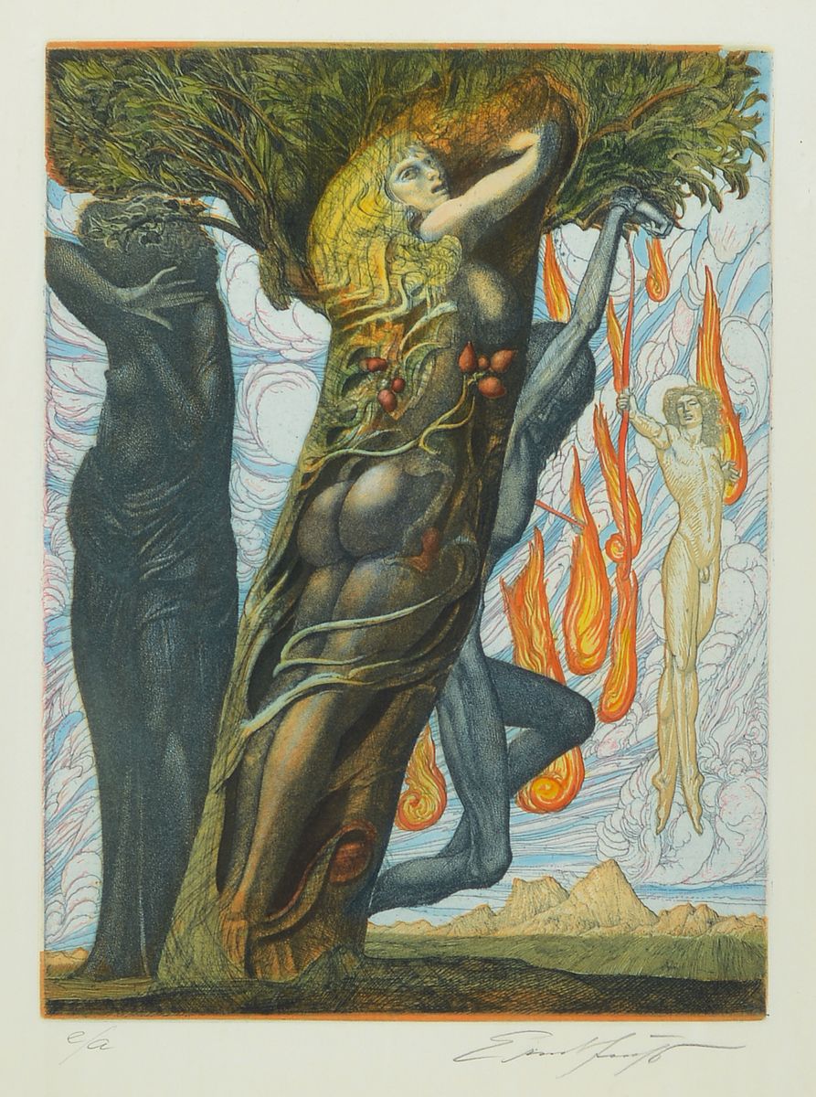 Ernst Fuchs, 1930-2015, Farbradierung, handsigniert und bez. e.a., ca. 39x29cm, PP. u.Gl., R. ca. 90x70cm