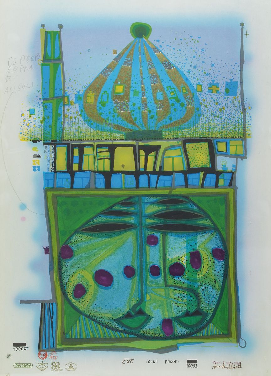 Friedensreich Hundertwasser, 1928-2000, Homo Humus Come Va, Farbserigraphie mit Metallfoliendruck von 1984, drucksigniert, Auflage 10002, links oben ...
