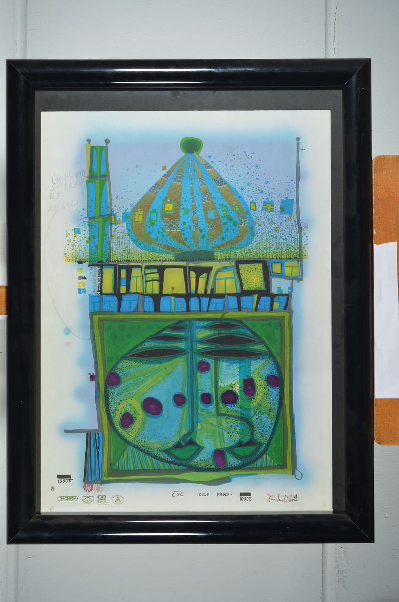 Detail k: Friedensreich Hundertwasser, 1928-2000, Homo Humus Come Va, Farbserigraphie mit Metallfoliendruck von 1984, drucksigniert, Auflage 10002, links oben ...