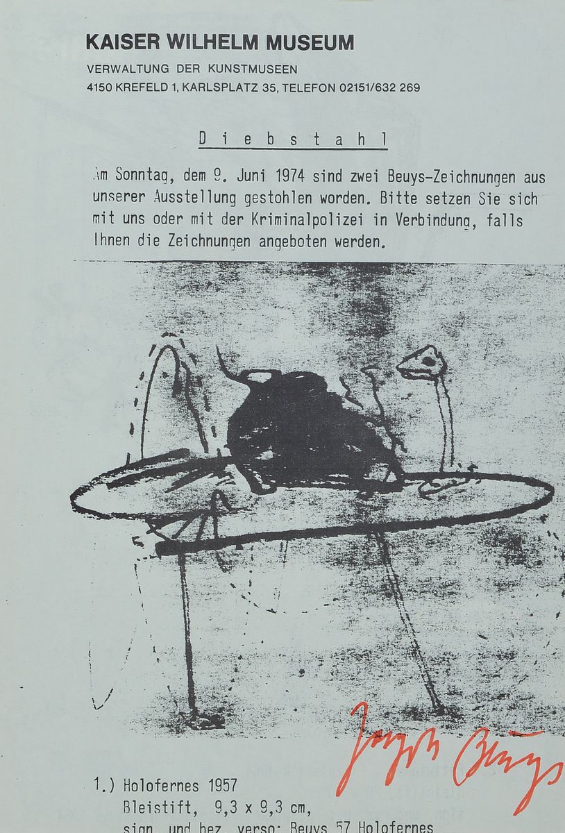 Joseph Beuys, 1921-1996, Diebstahl, Offset, handsigniert, anlässlich Diebstahlsuche Kaiser Wilhelm Museum Krefeld, vgl. Schellmann/Klüser 156, Ed. ...
