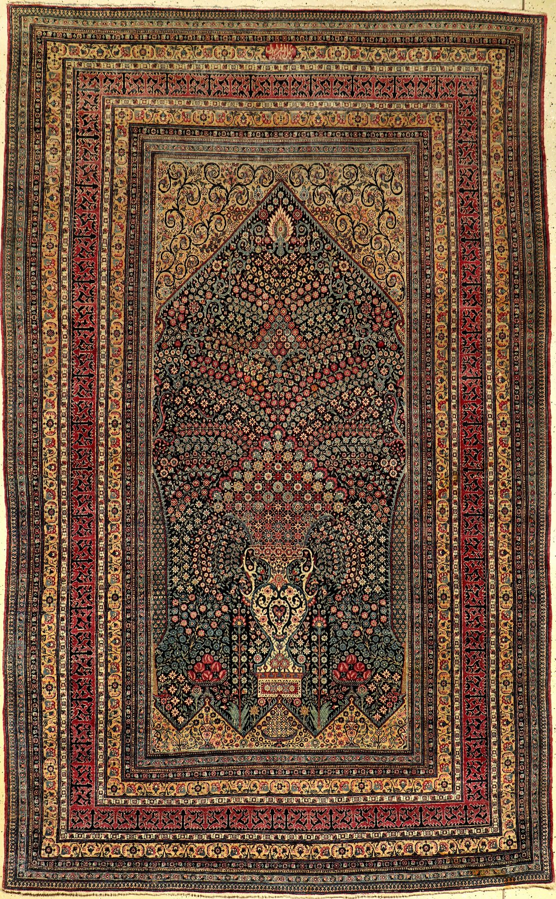 Großer Teheran "Asgar Dalirian" antik "Signiert" (Mille Fleur), Zentralpersien, 19.Jhd., Korkwolle geknüpft auf Baumwolle. ...