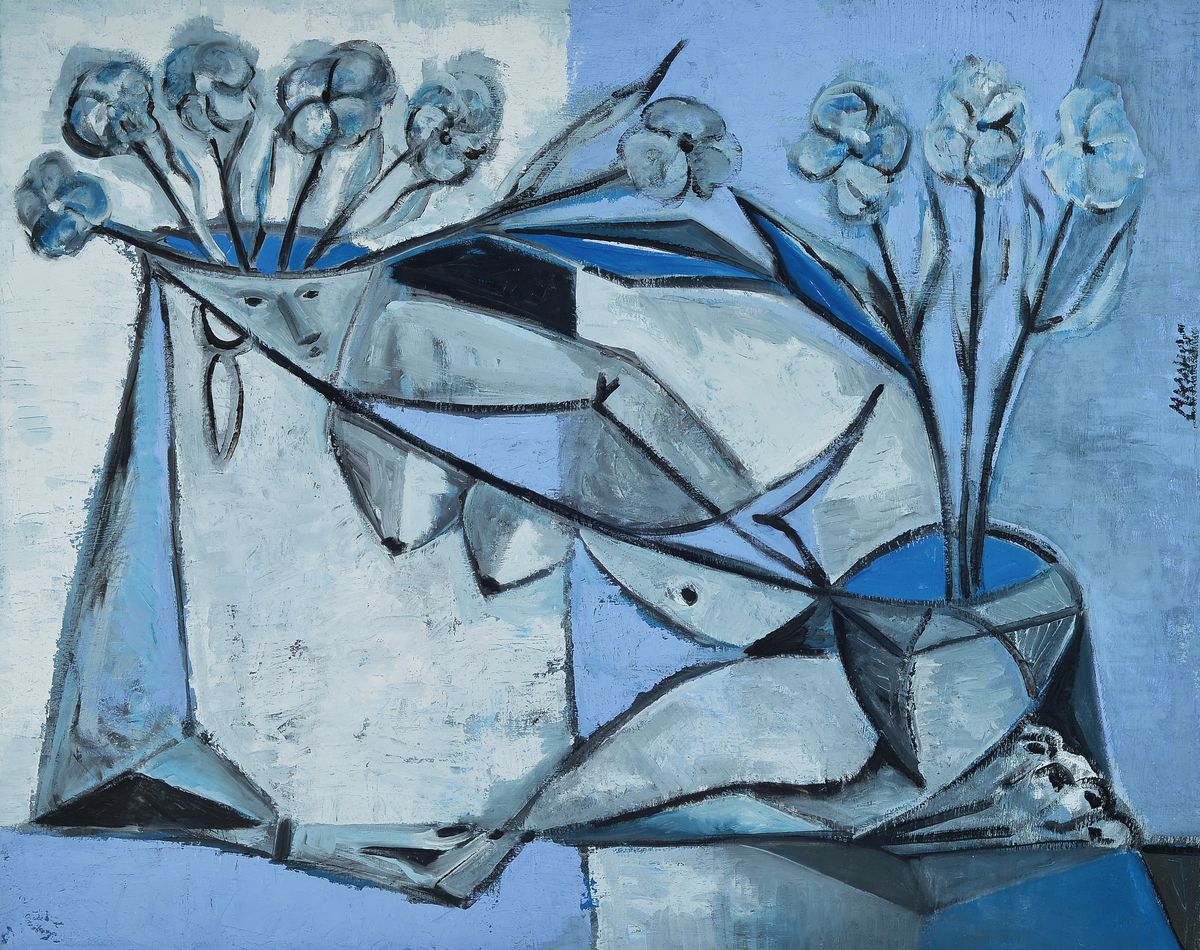 Eric Massholder, geb. 1960 Heidelberg, abstrakte Komposition mit Blumen, sign. an rechte Seite, leisten, gesamt 74x93 cm